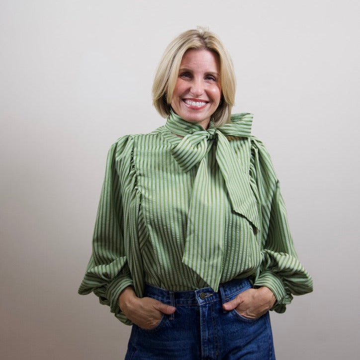Light Olive Tie Neck Button Down Shirt