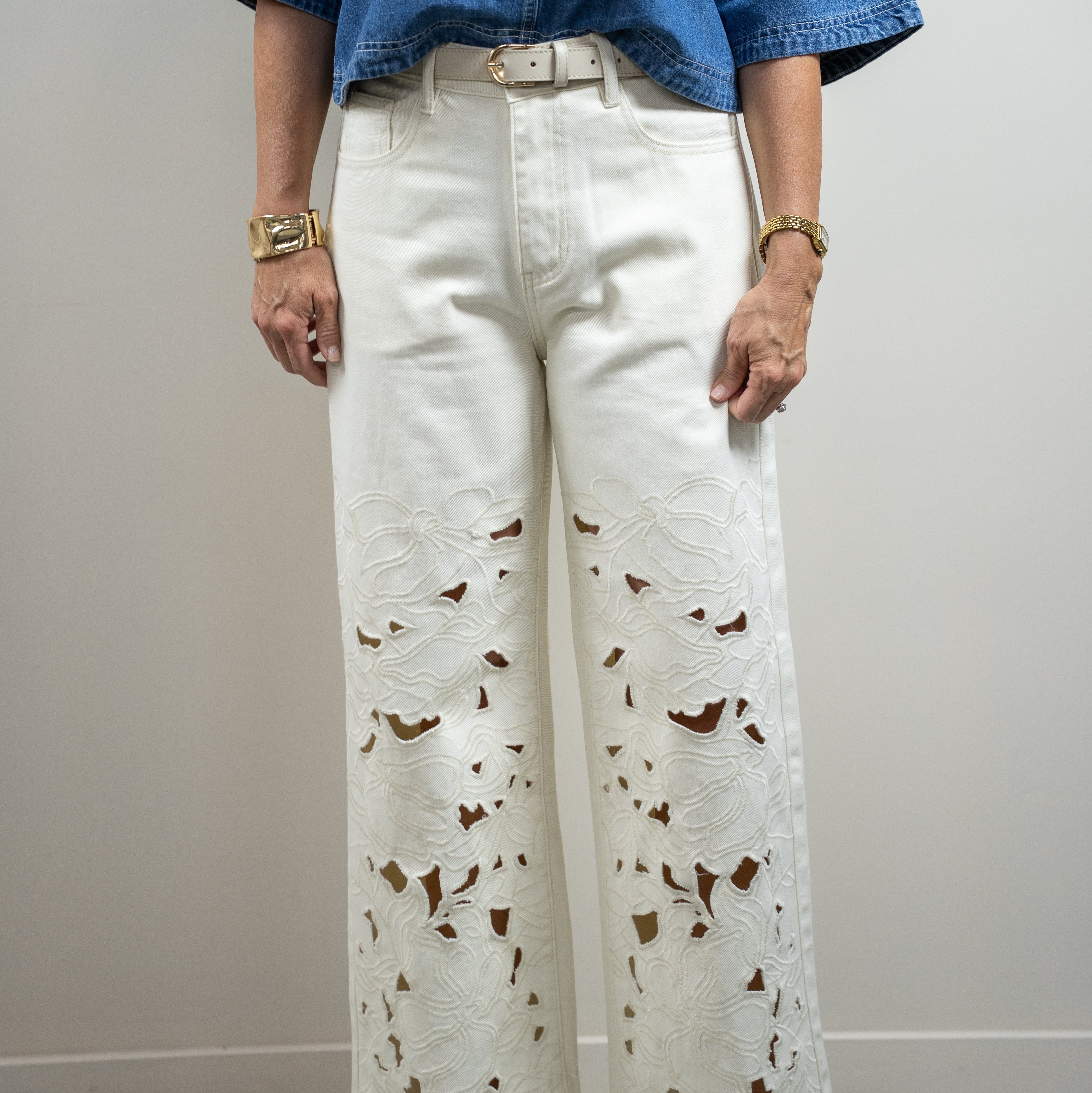 Cream Cut Out Embroidered Pants
