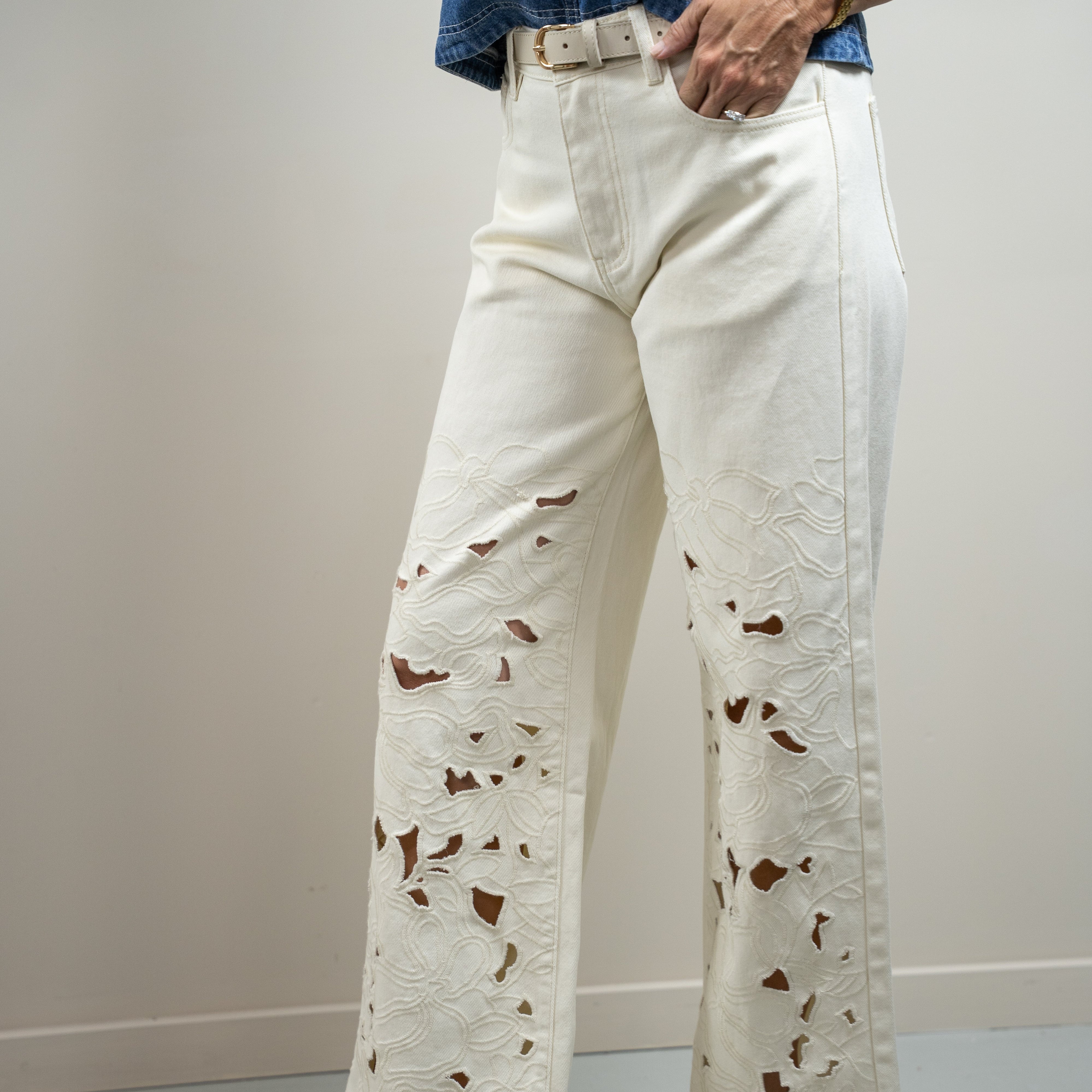 Cream Cut Out Embroidered Pants