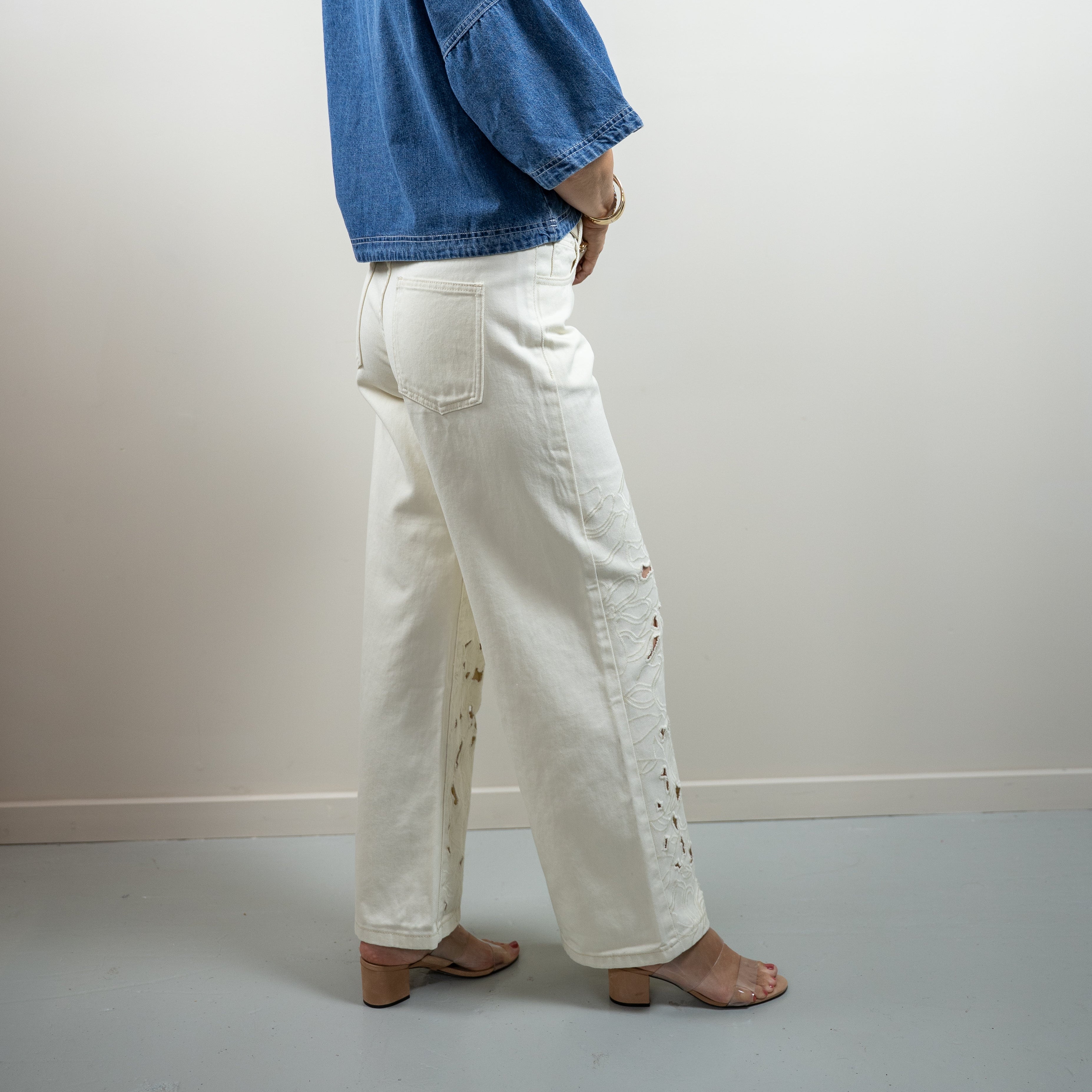 Cream Cut Out Embroidered Pants