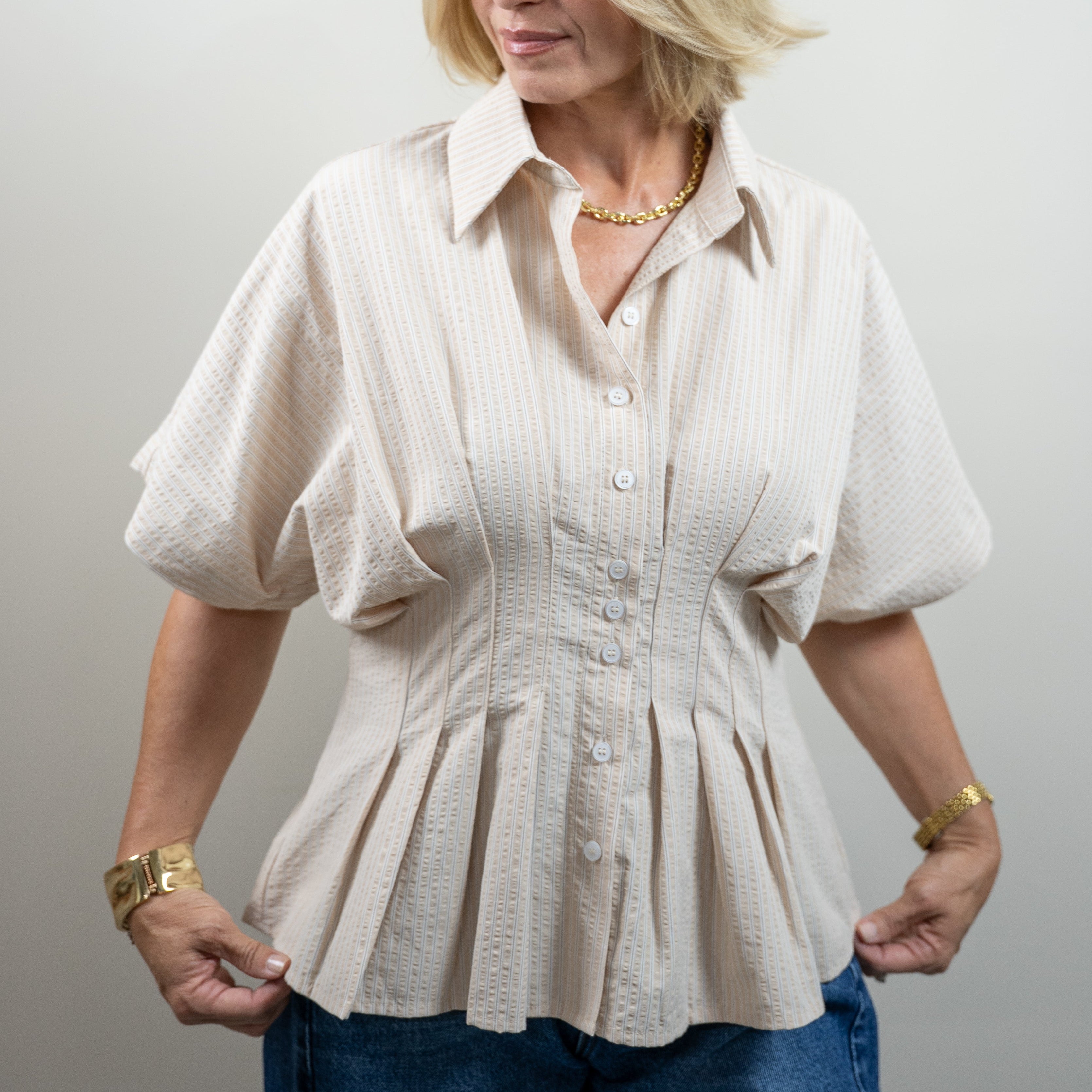 Button-Up Pleated Peplum Top