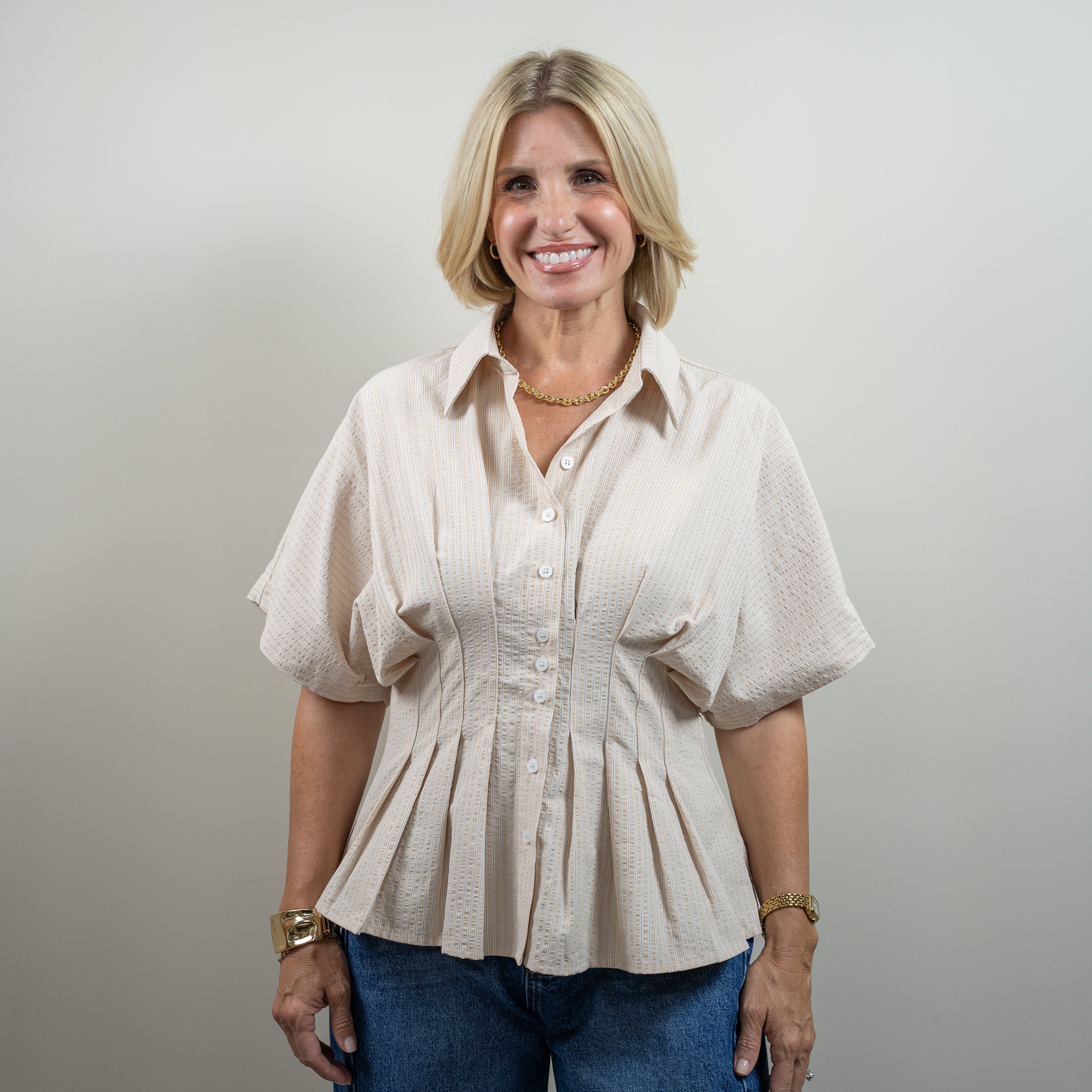 Button-Up Pleated Peplum Top