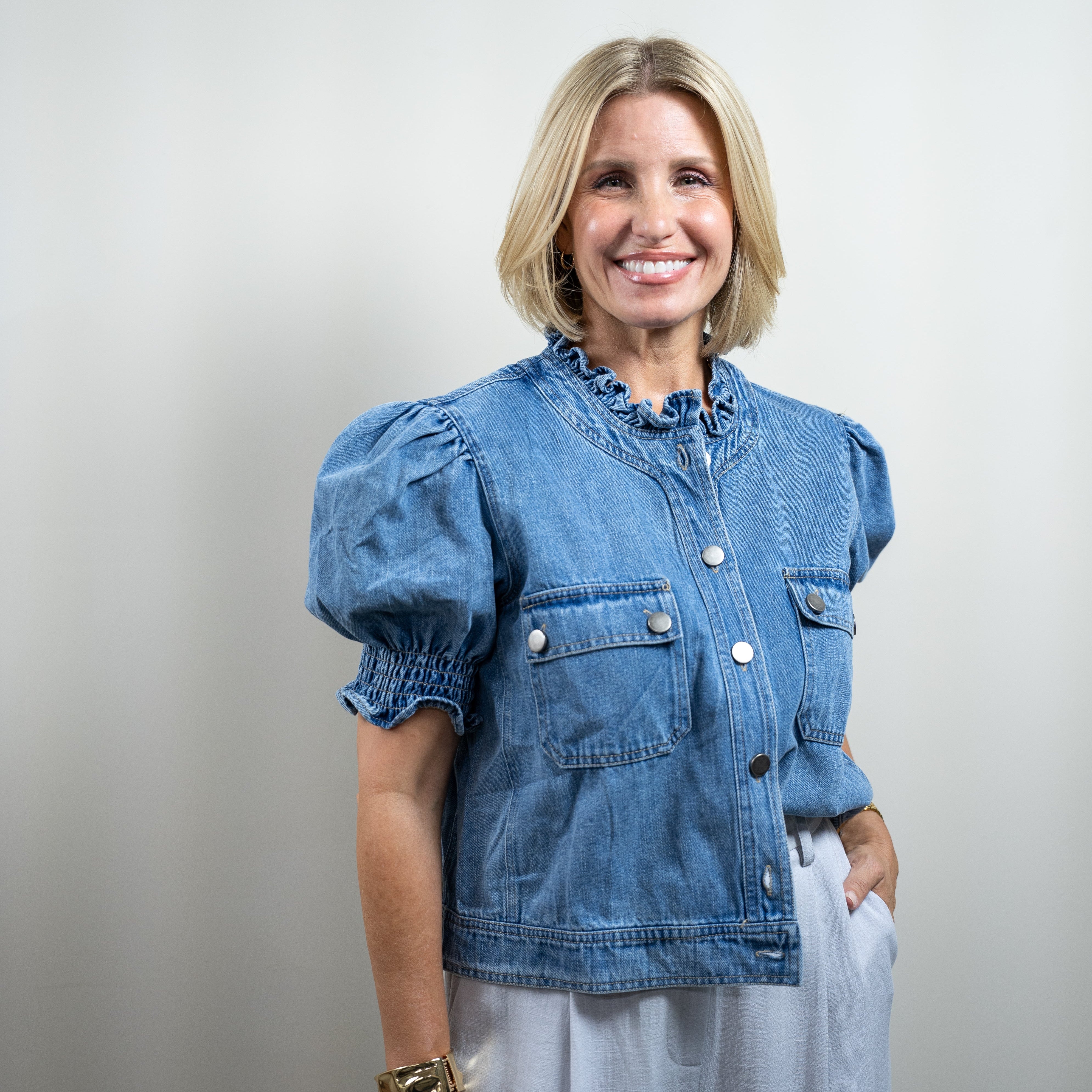 Ruffled Puff Sleeve Denim Jacket