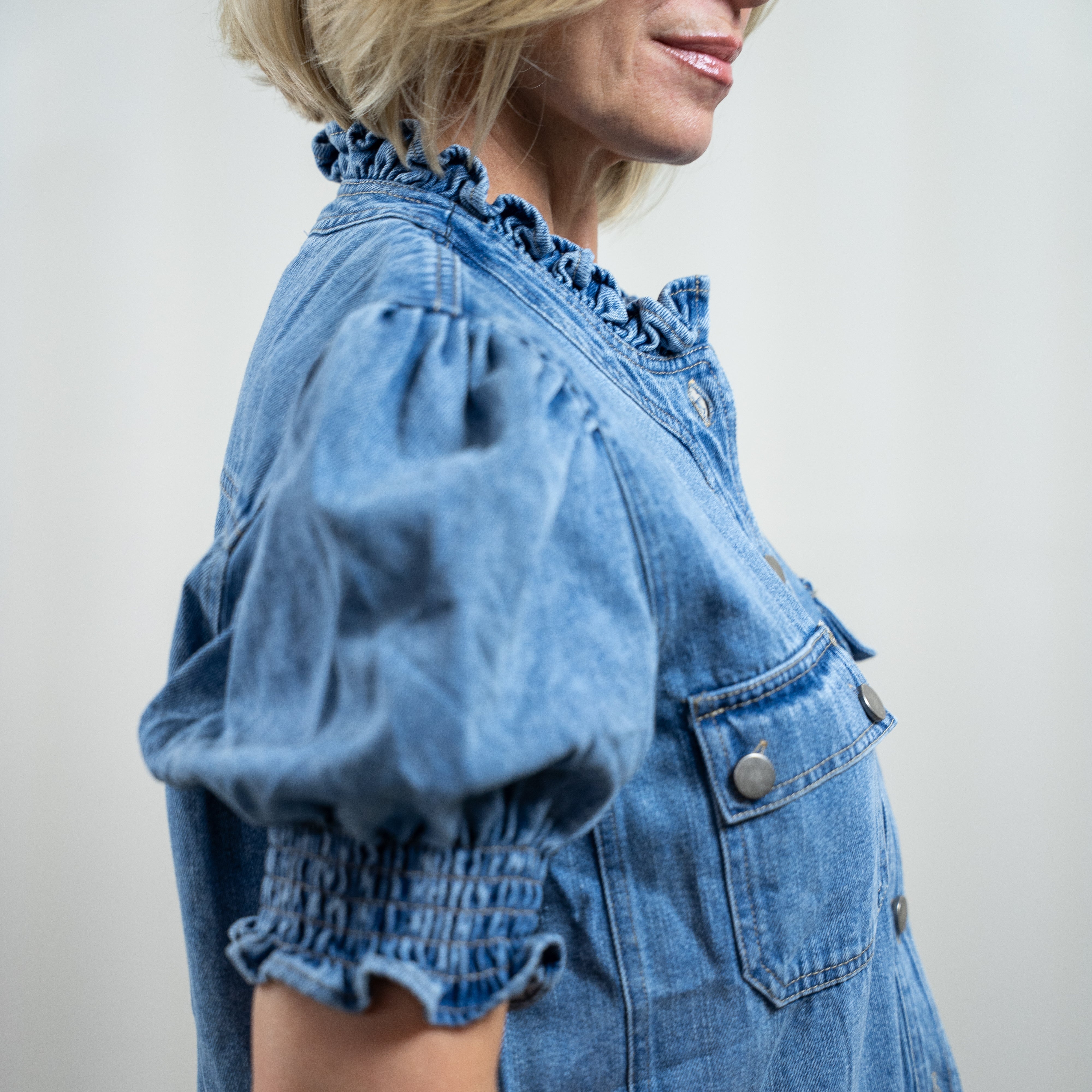 Ruffled Puff Sleeve Denim Jacket