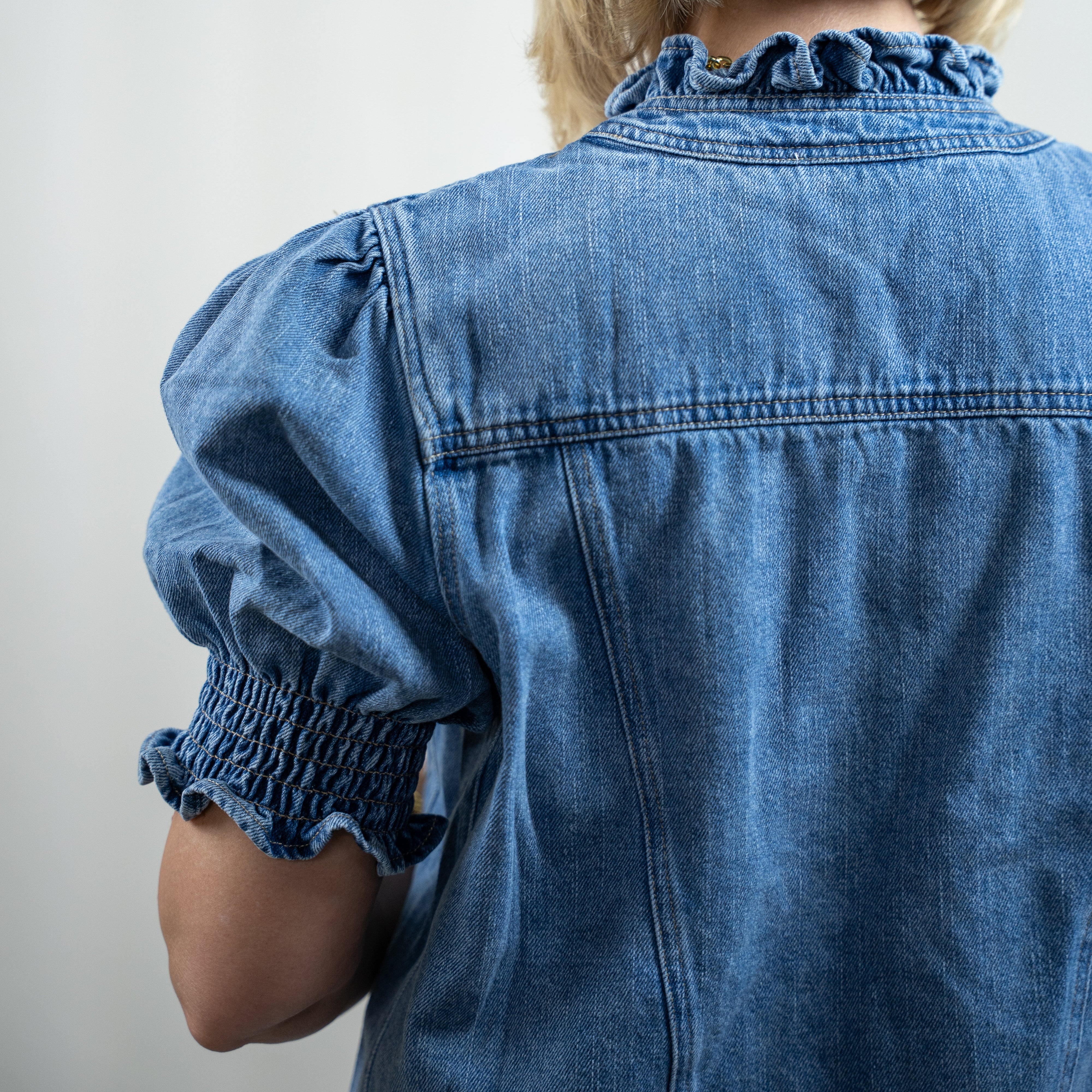 Ruffled Puff Sleeve Denim Jacket
