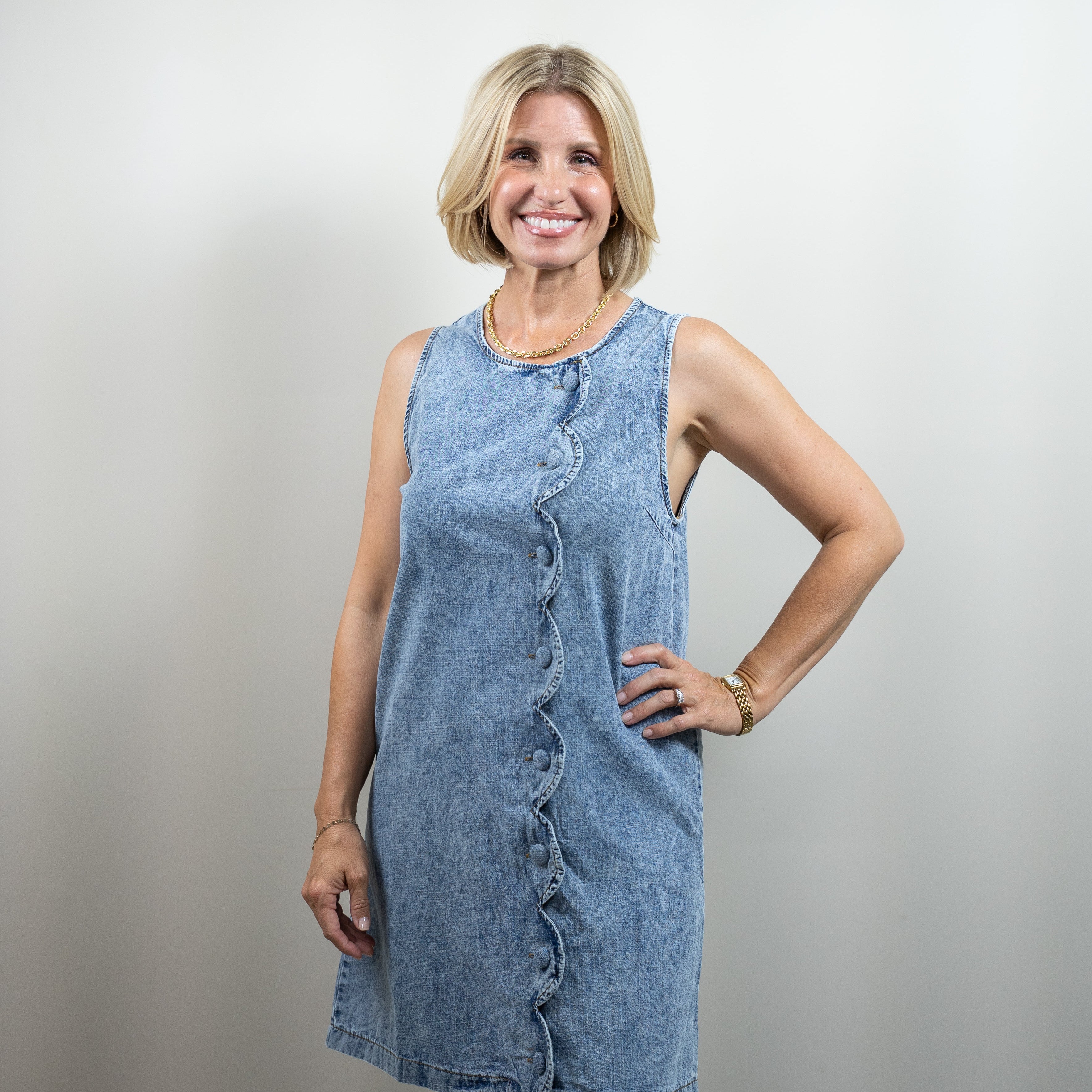 Scallop Button Denim Mini Dress