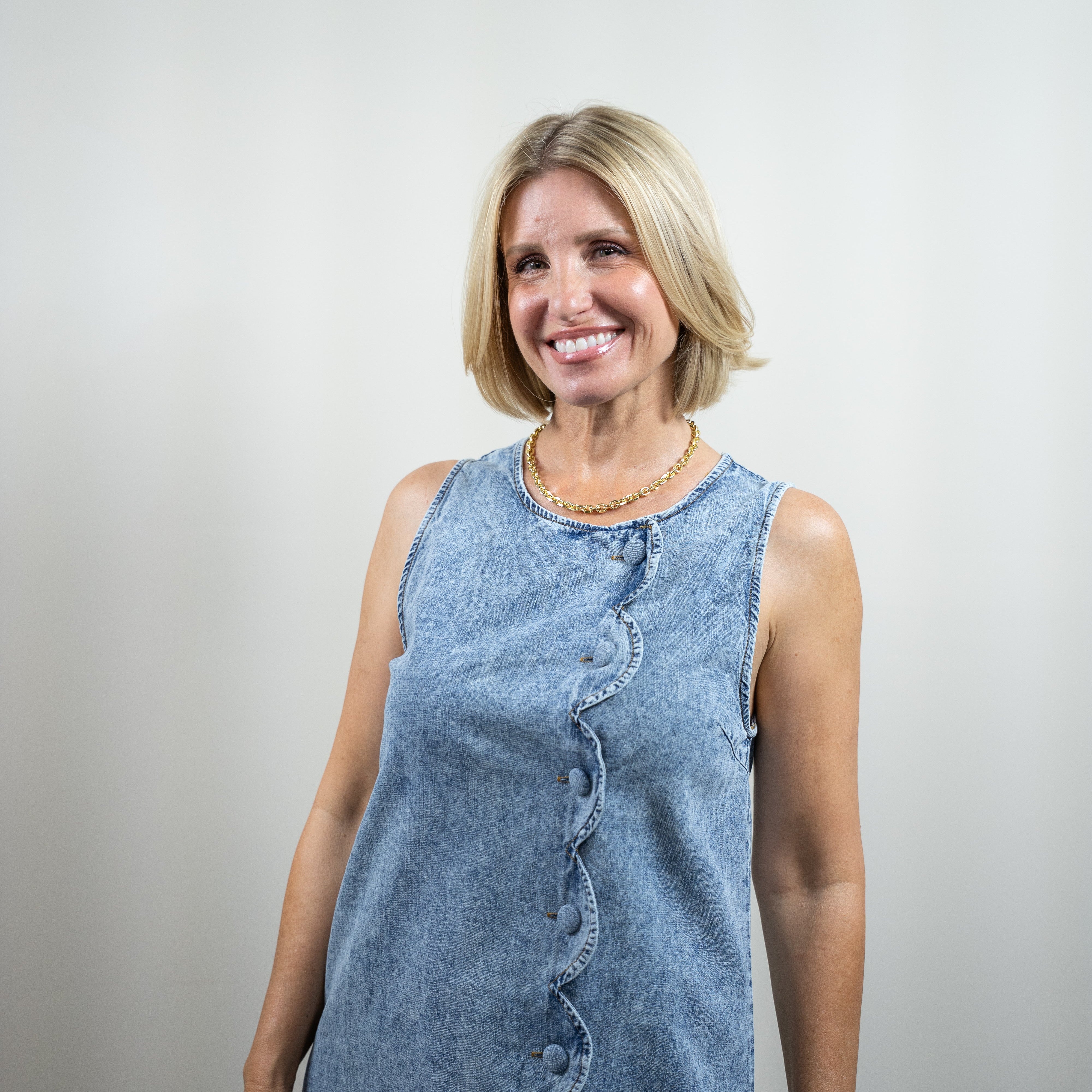 Scallop Button Denim Mini Dress