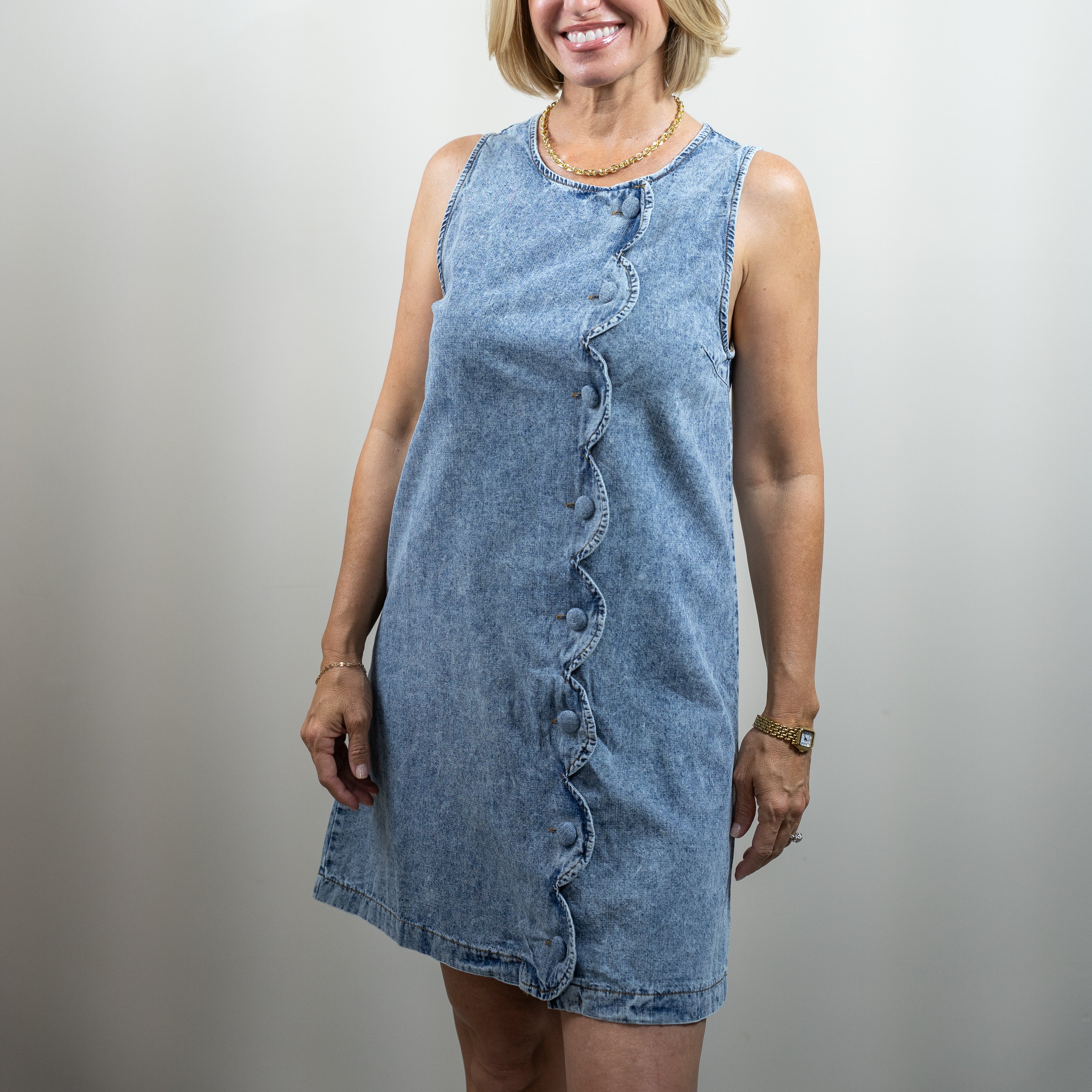 Scallop Button Denim Mini Dress
