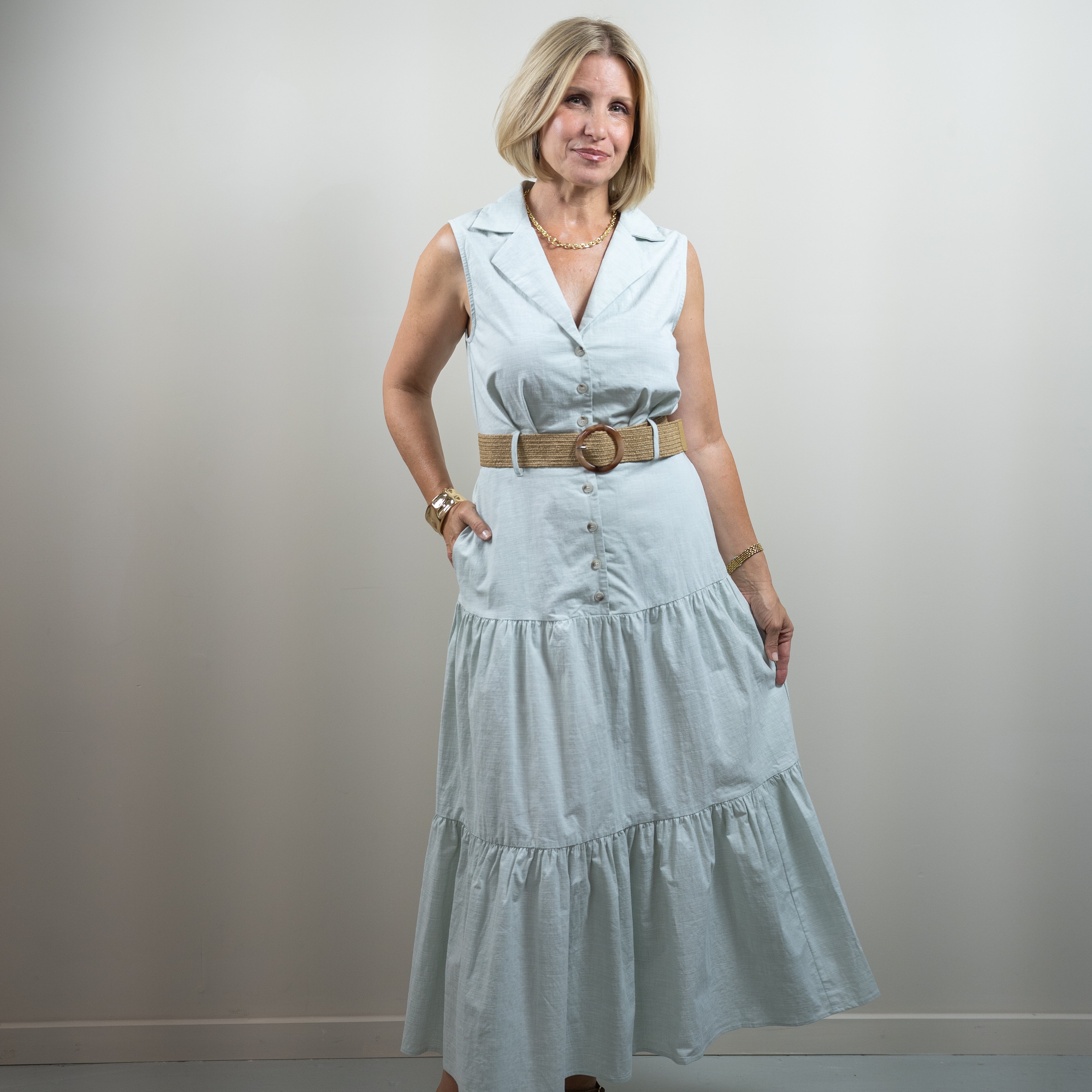 Collared Tiered Midi Dress W/ Belt