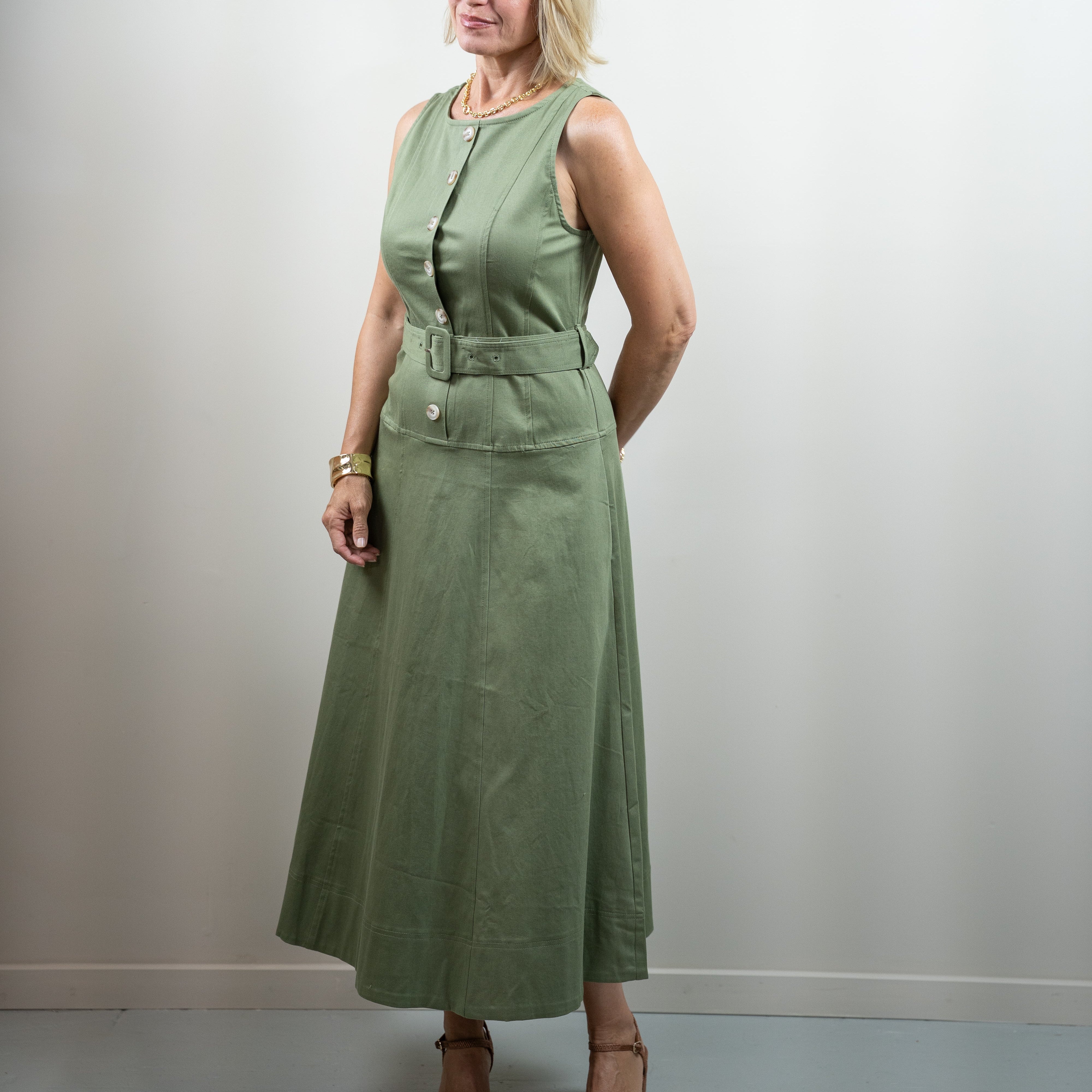 Buckle Belt Topstitch Maxi Dress