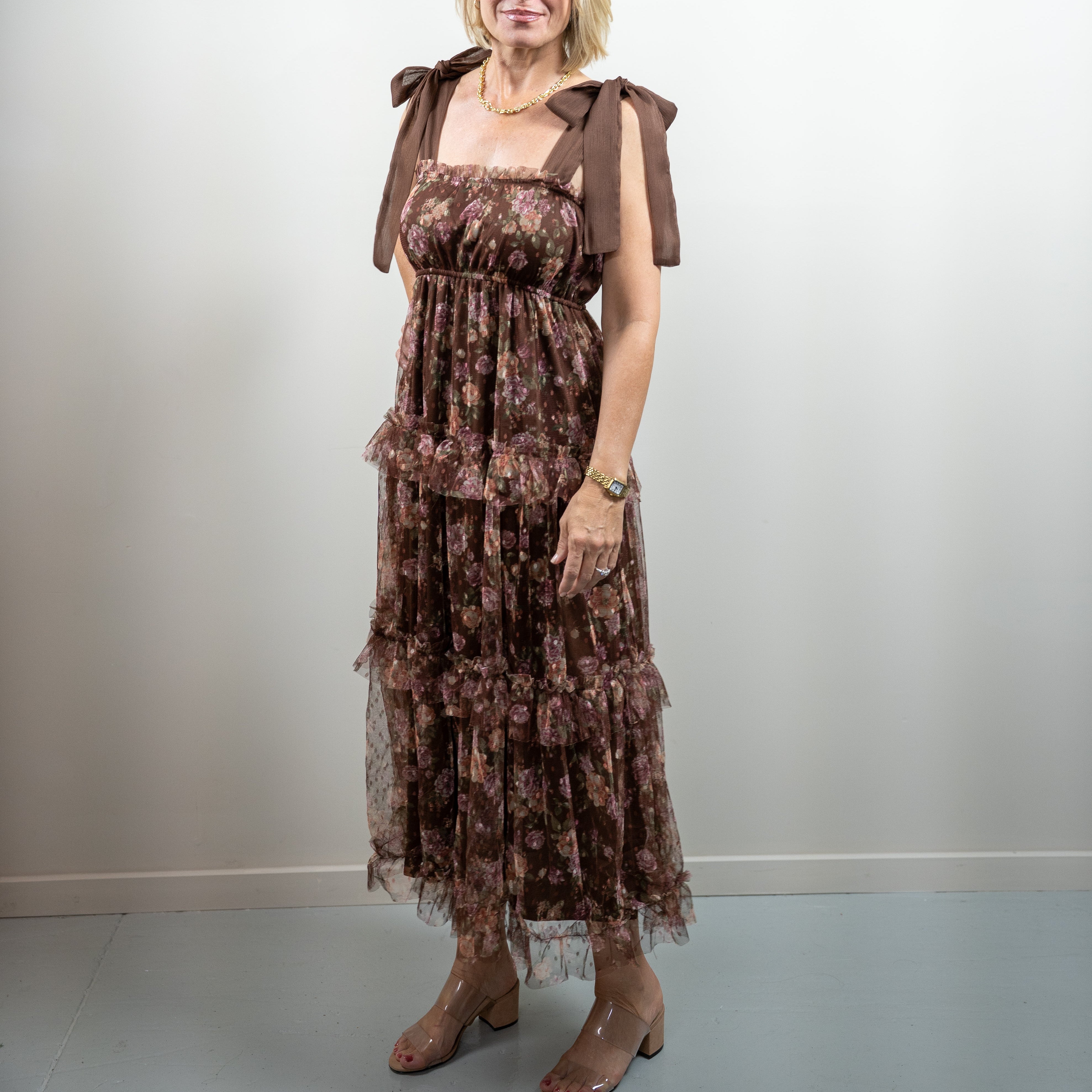 Brown Floral Tiered Midi Dress