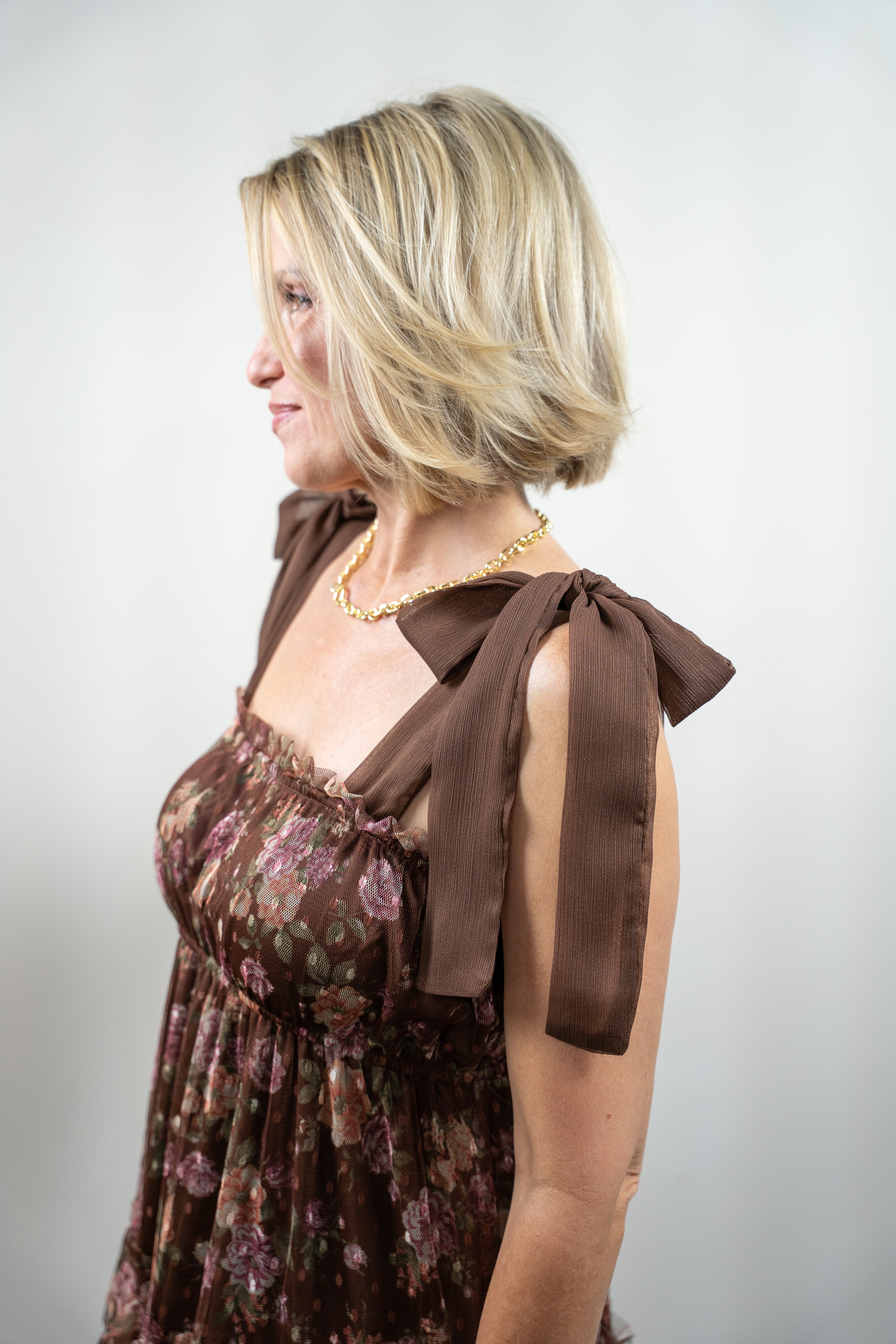 Brown Floral Tiered Midi Dress