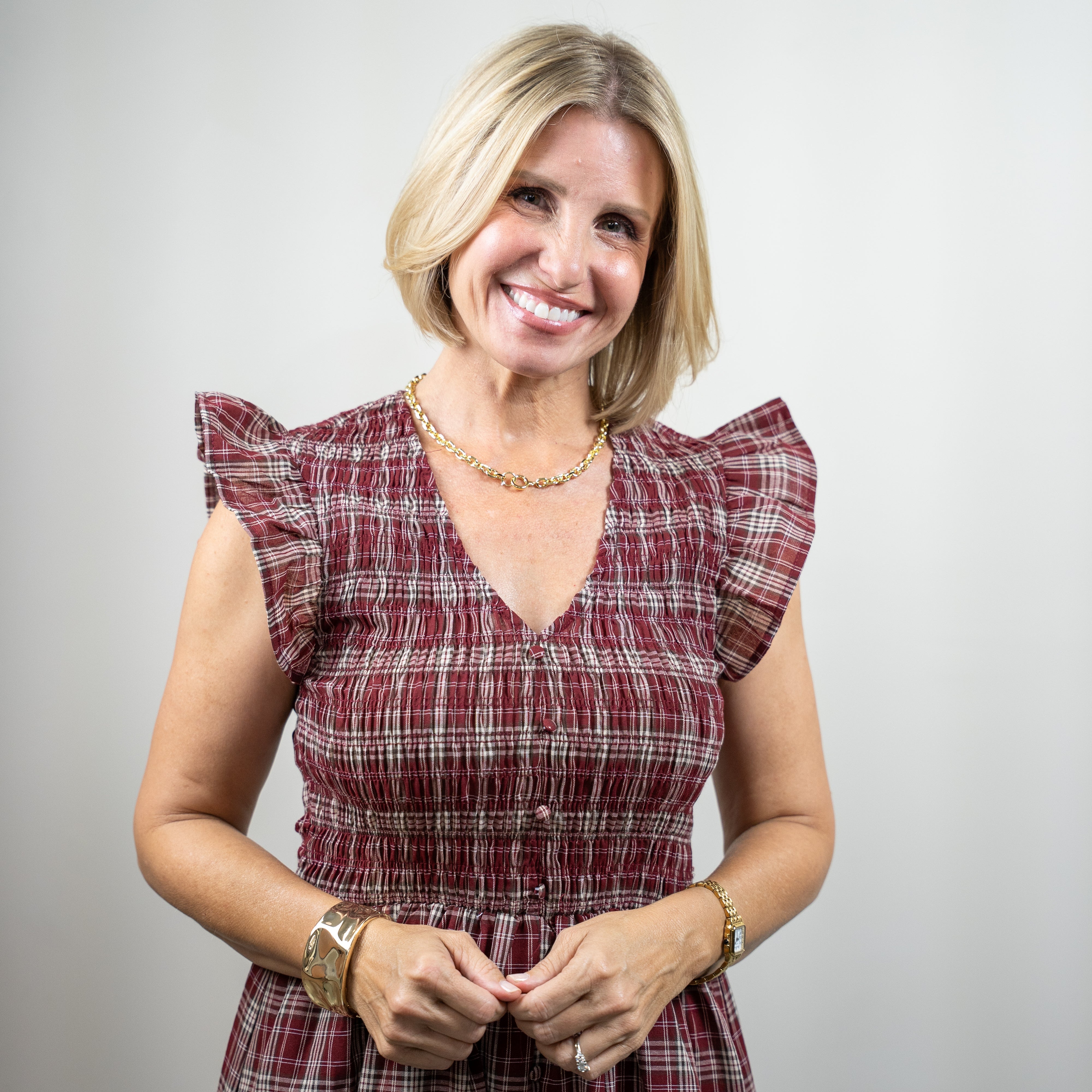 Burgundy Plaid Ruffle Midi Dress