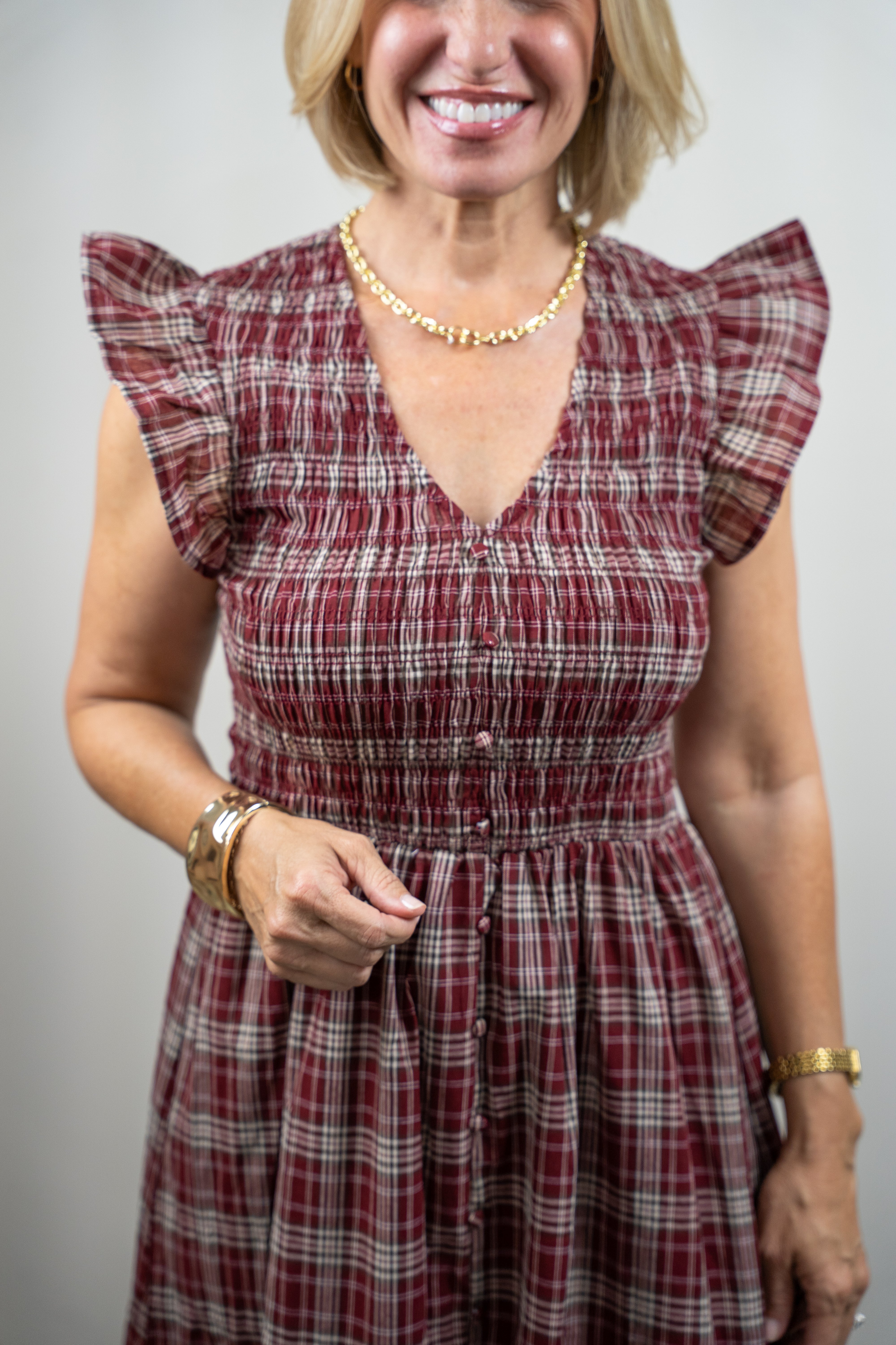 Burgundy Plaid Ruffle Midi Dress