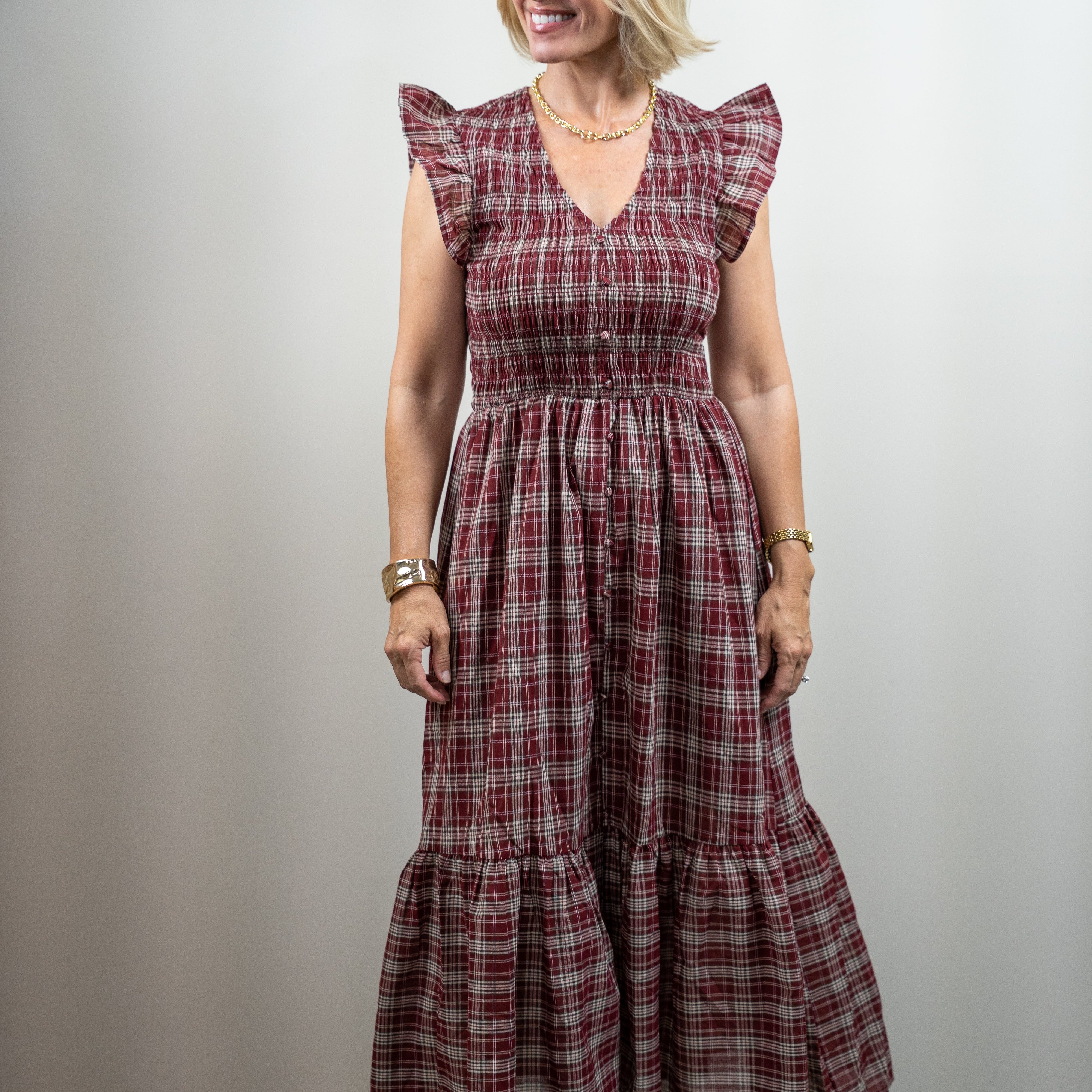 Burgundy Plaid Ruffle Midi Dress