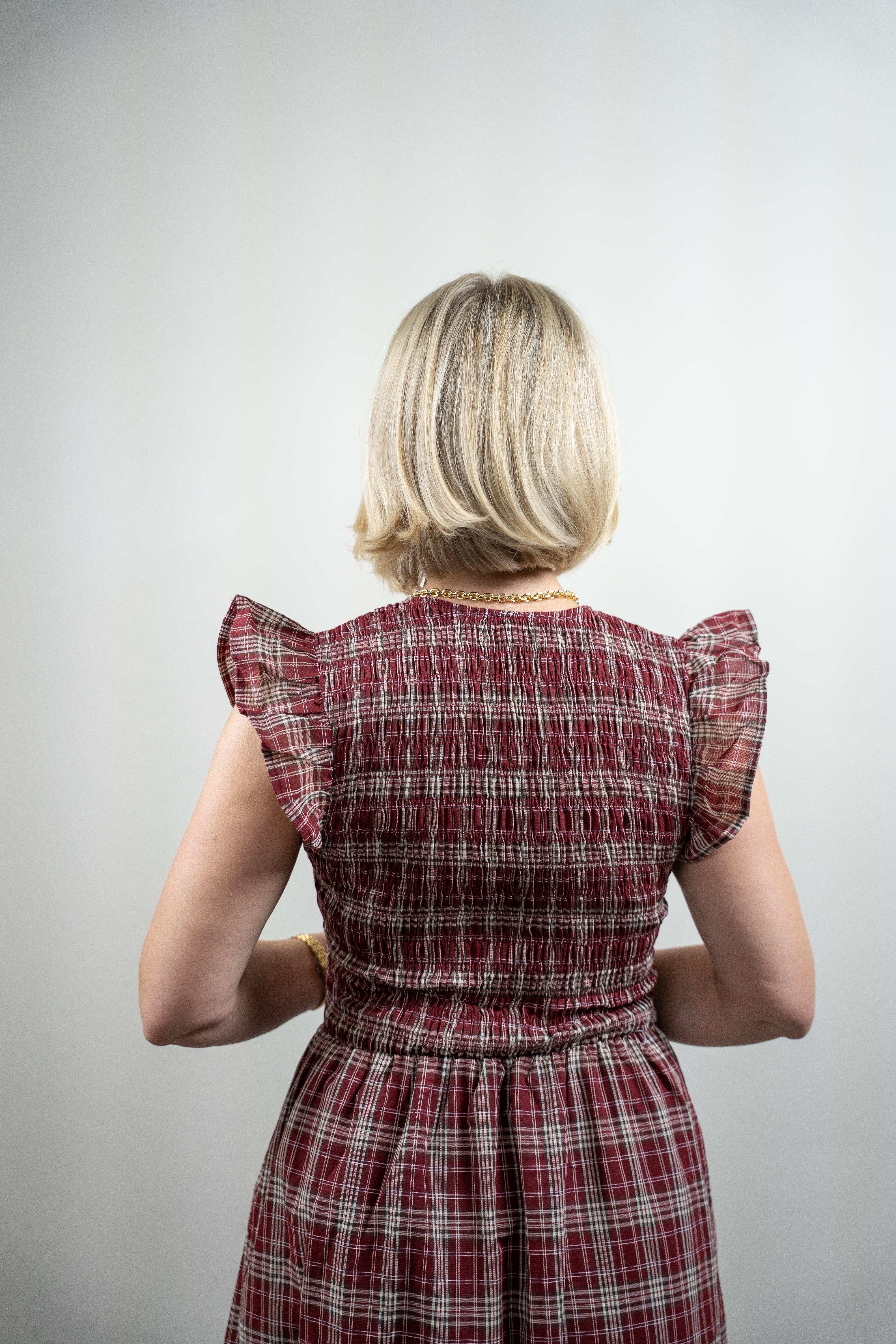 Burgundy Plaid Ruffle Midi Dress