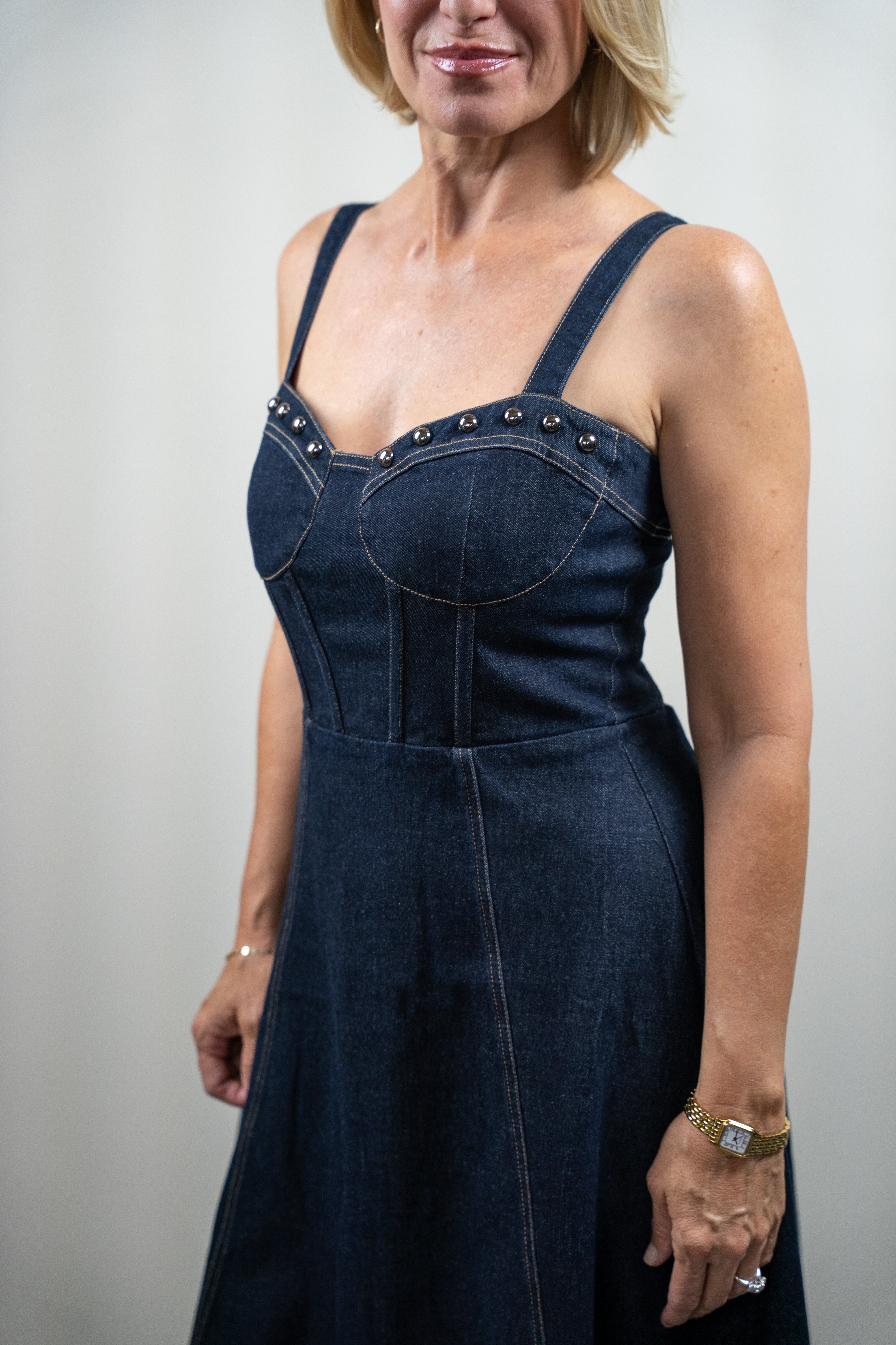 Studded Corset Denim Midi Dress