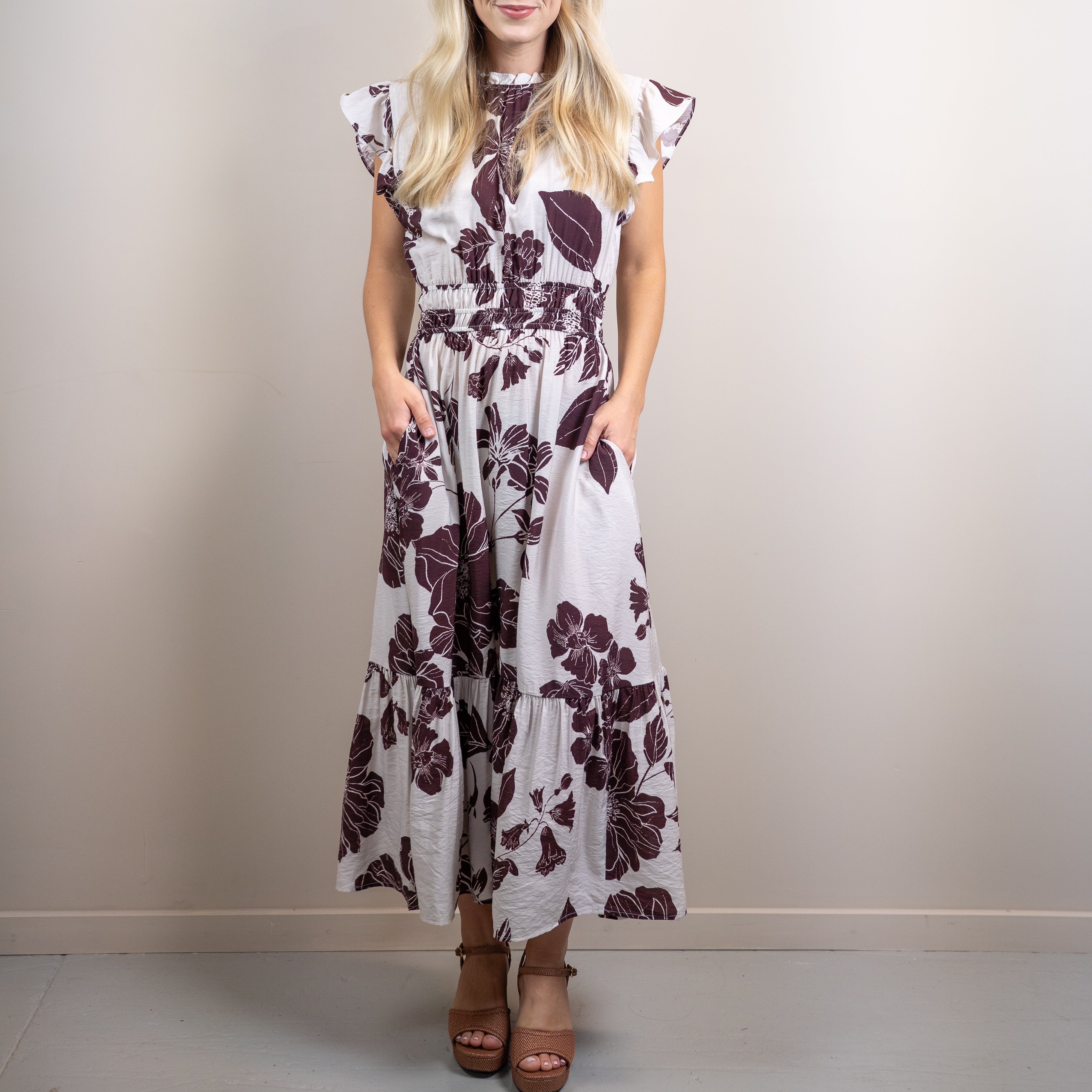Marsala Brown Flutter Sleeve Dress
