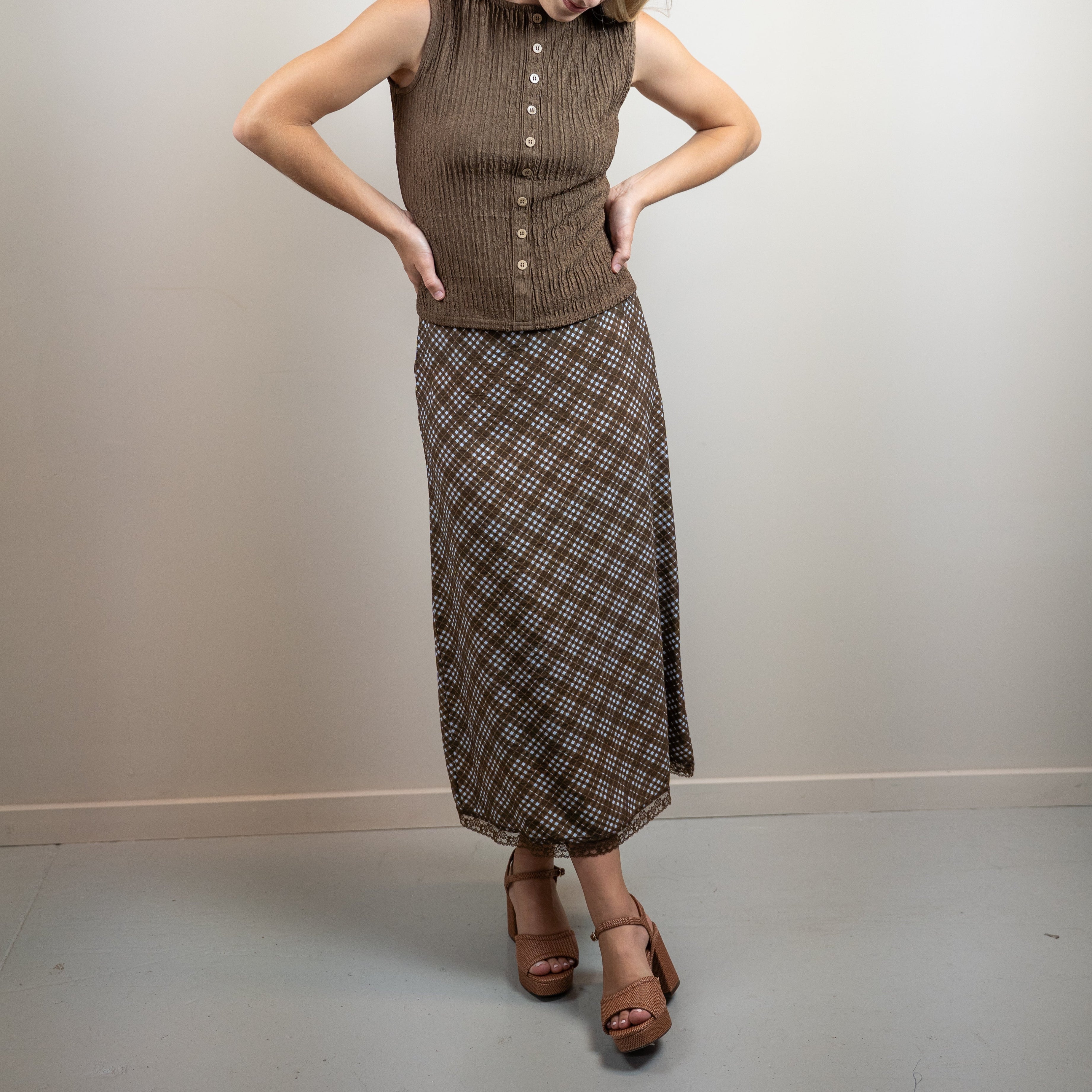 Plaid Midi Skirt with Elastic Waistband