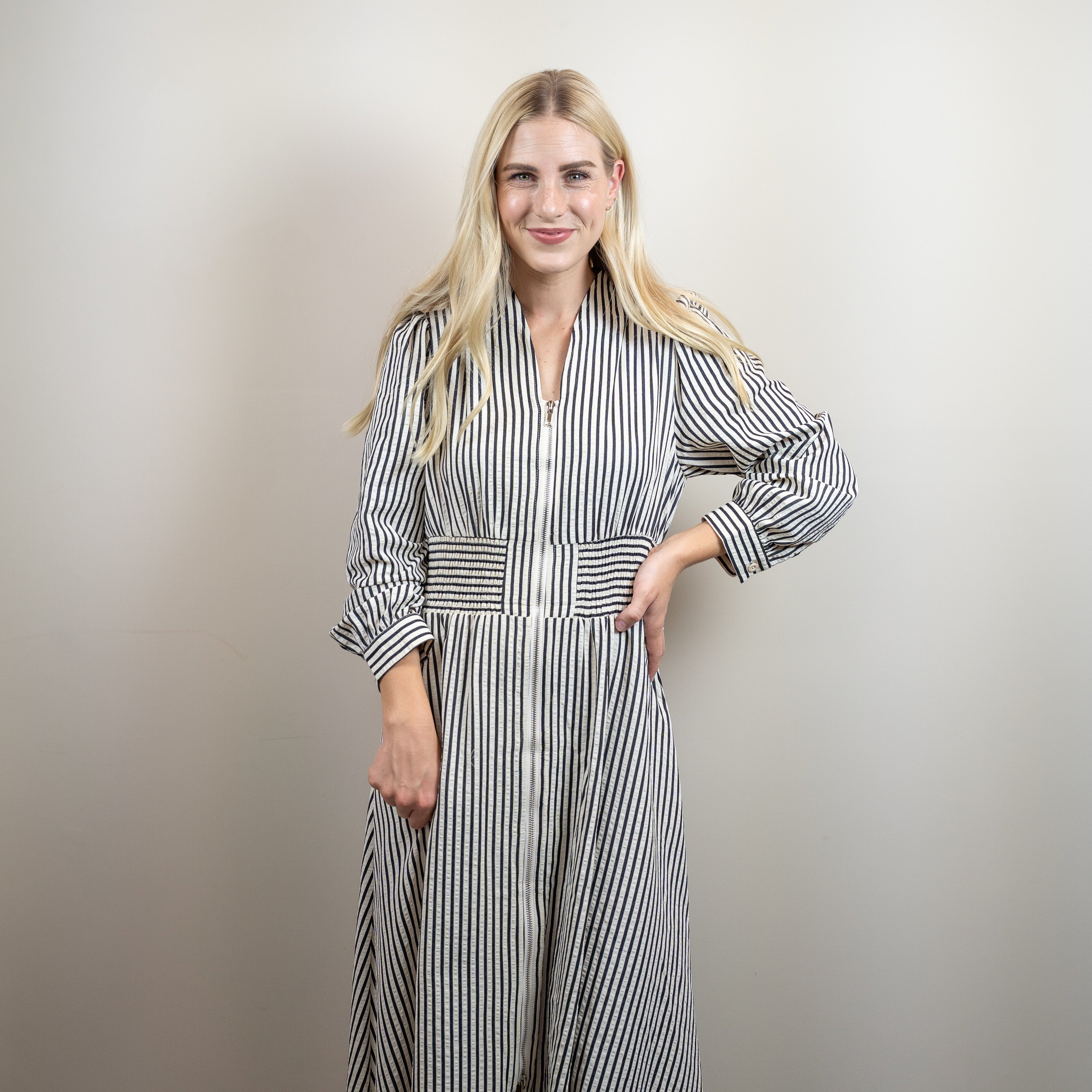 Black Stripe V-Neck Zip Front Midi Dress
