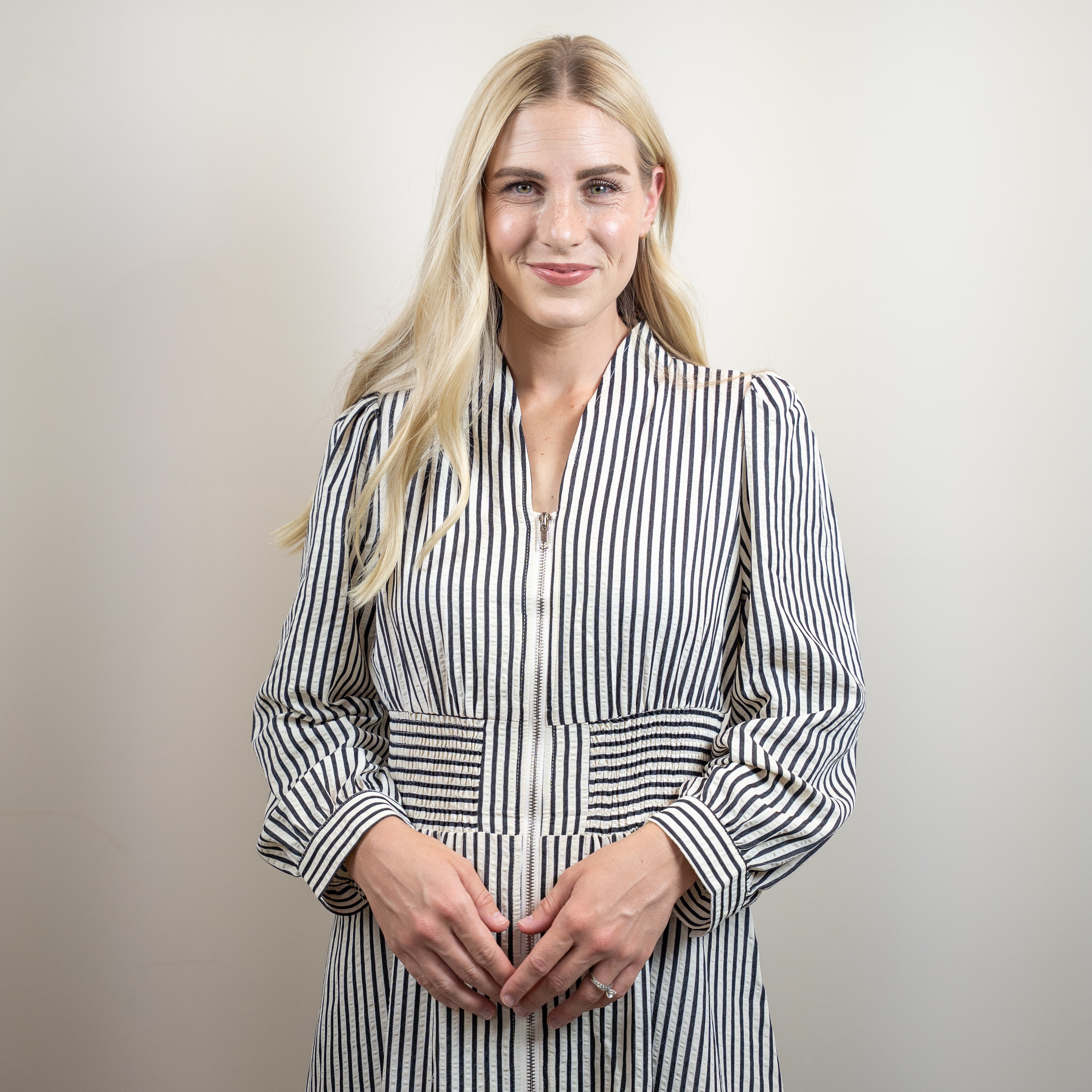 Black Stripe V-Neck Zip Front Midi Dress