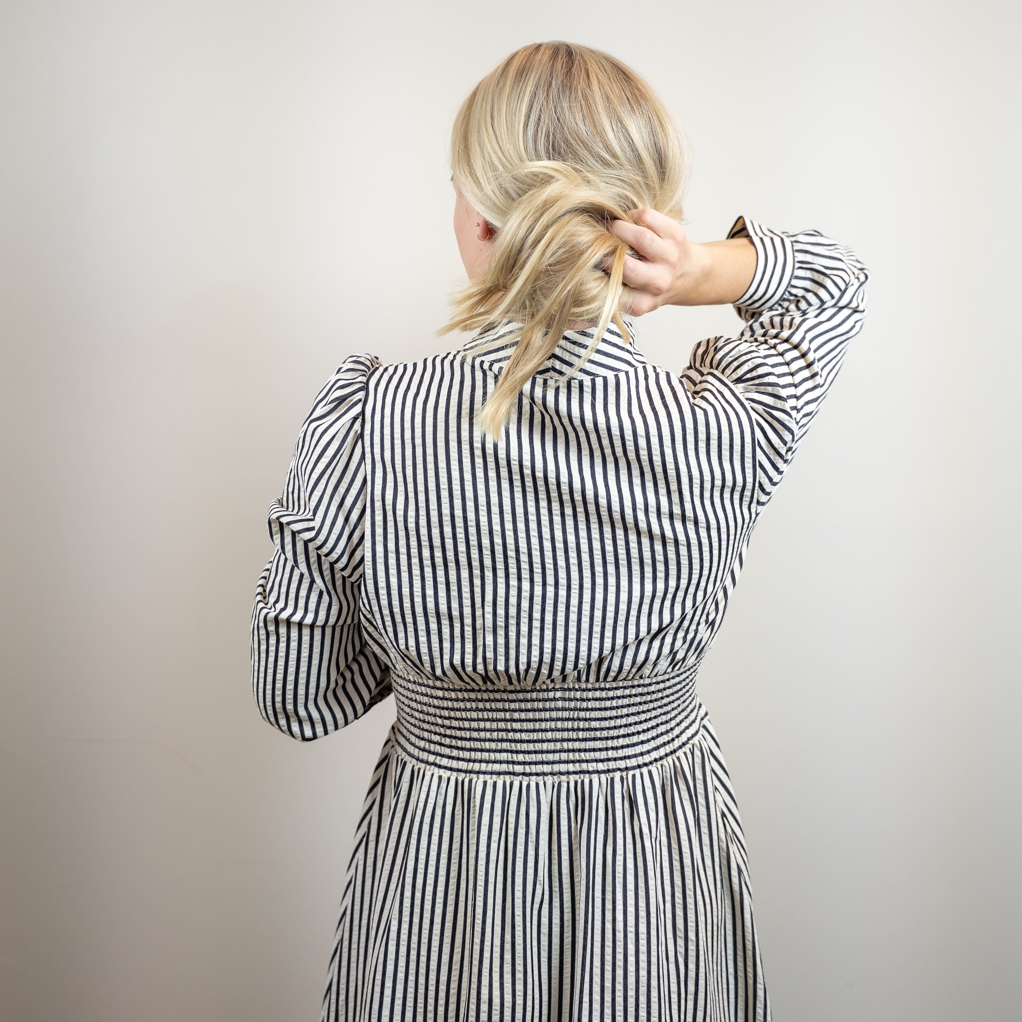 Black Stripe V-Neck Zip Front Midi Dress