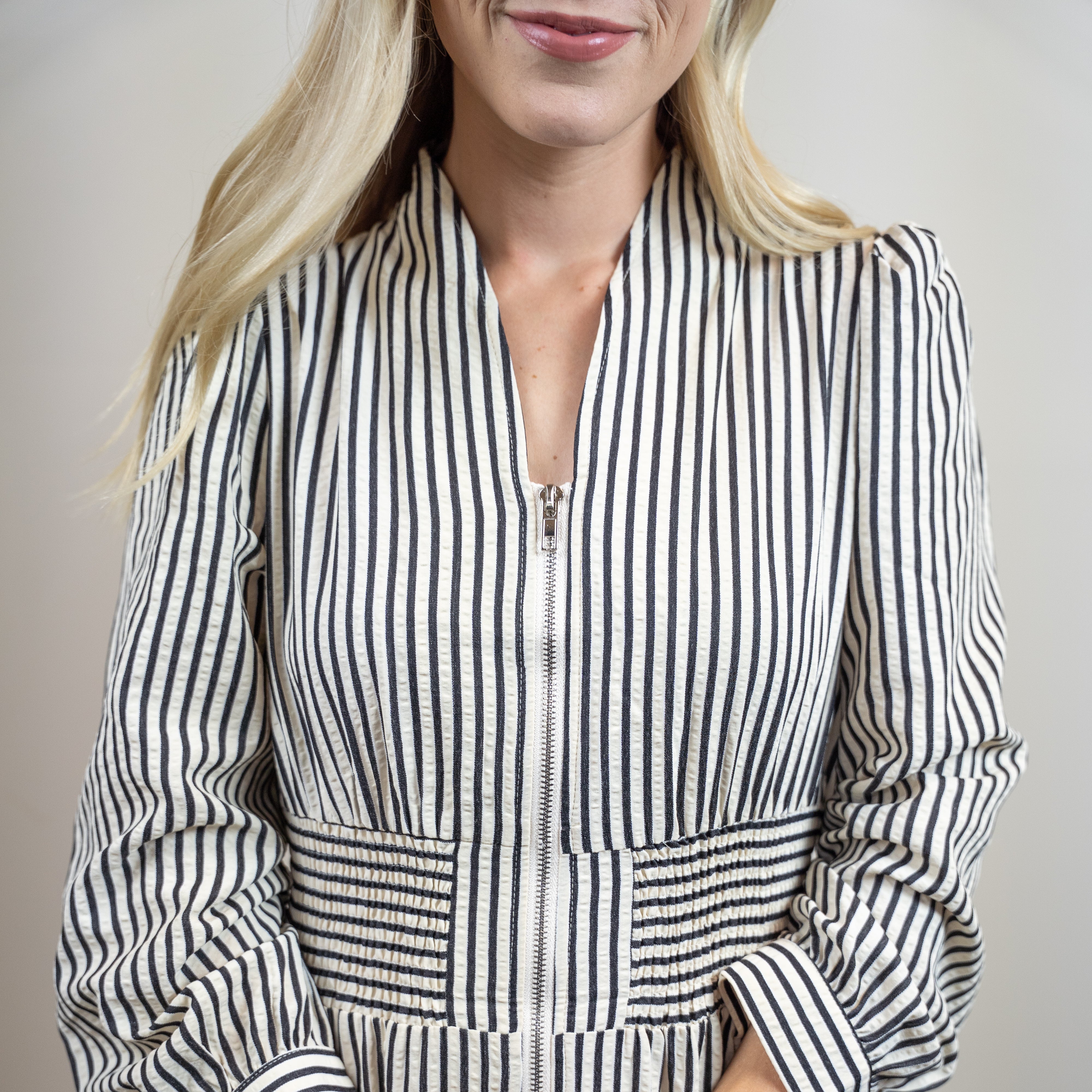 Black Stripe V-Neck Zip Front Midi Dress