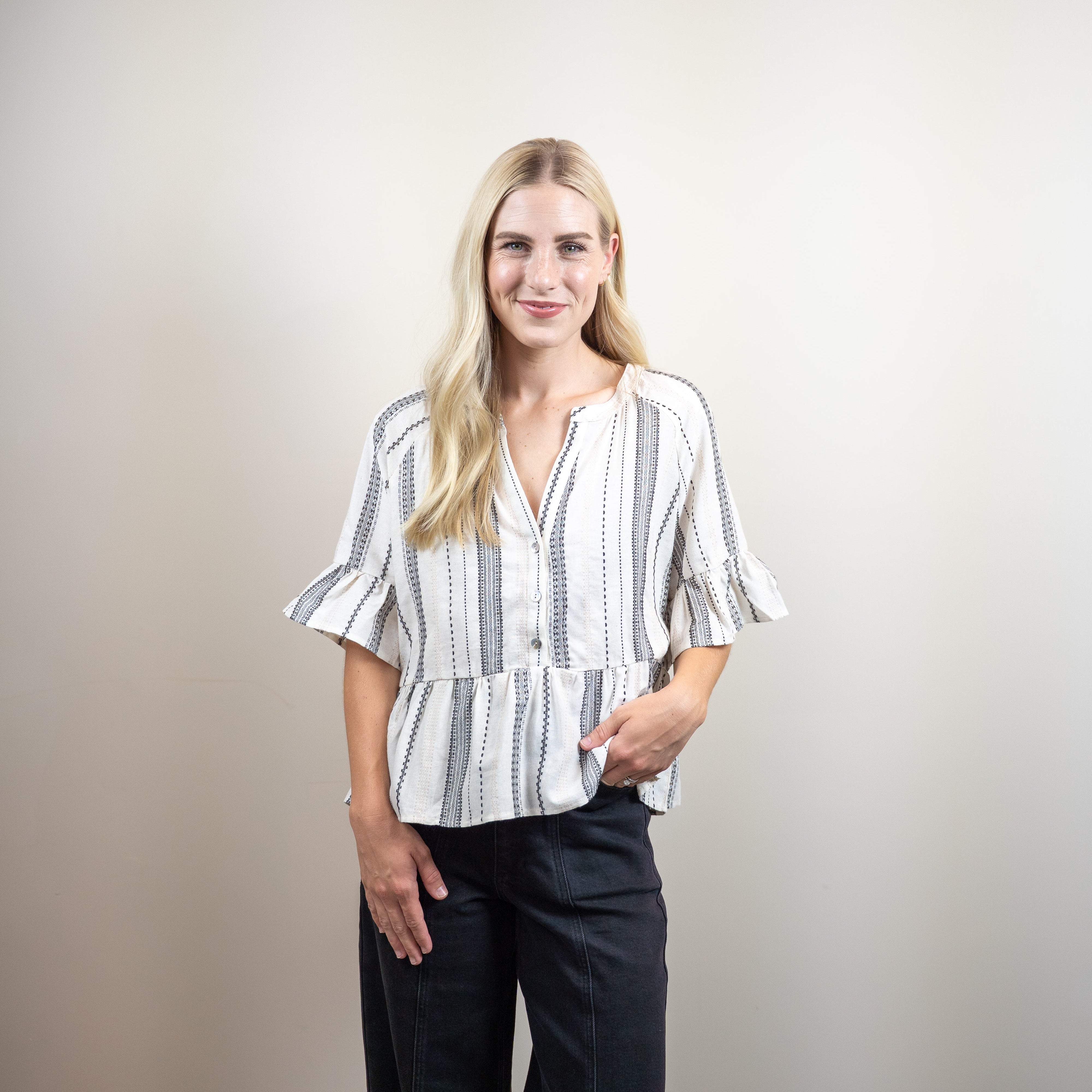 Striped Half Bell Sleeve Blouse
