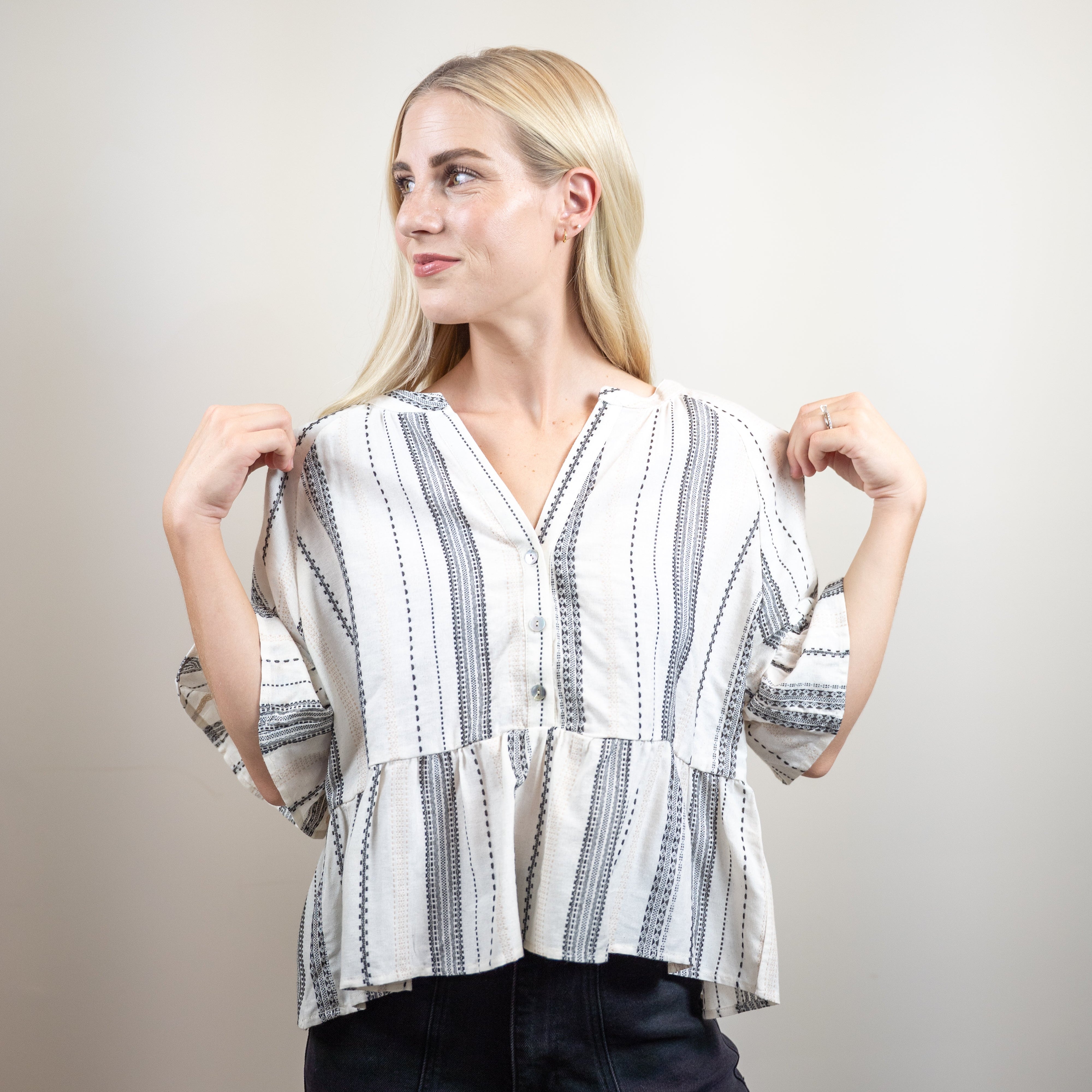 Striped Half Bell Sleeve Blouse