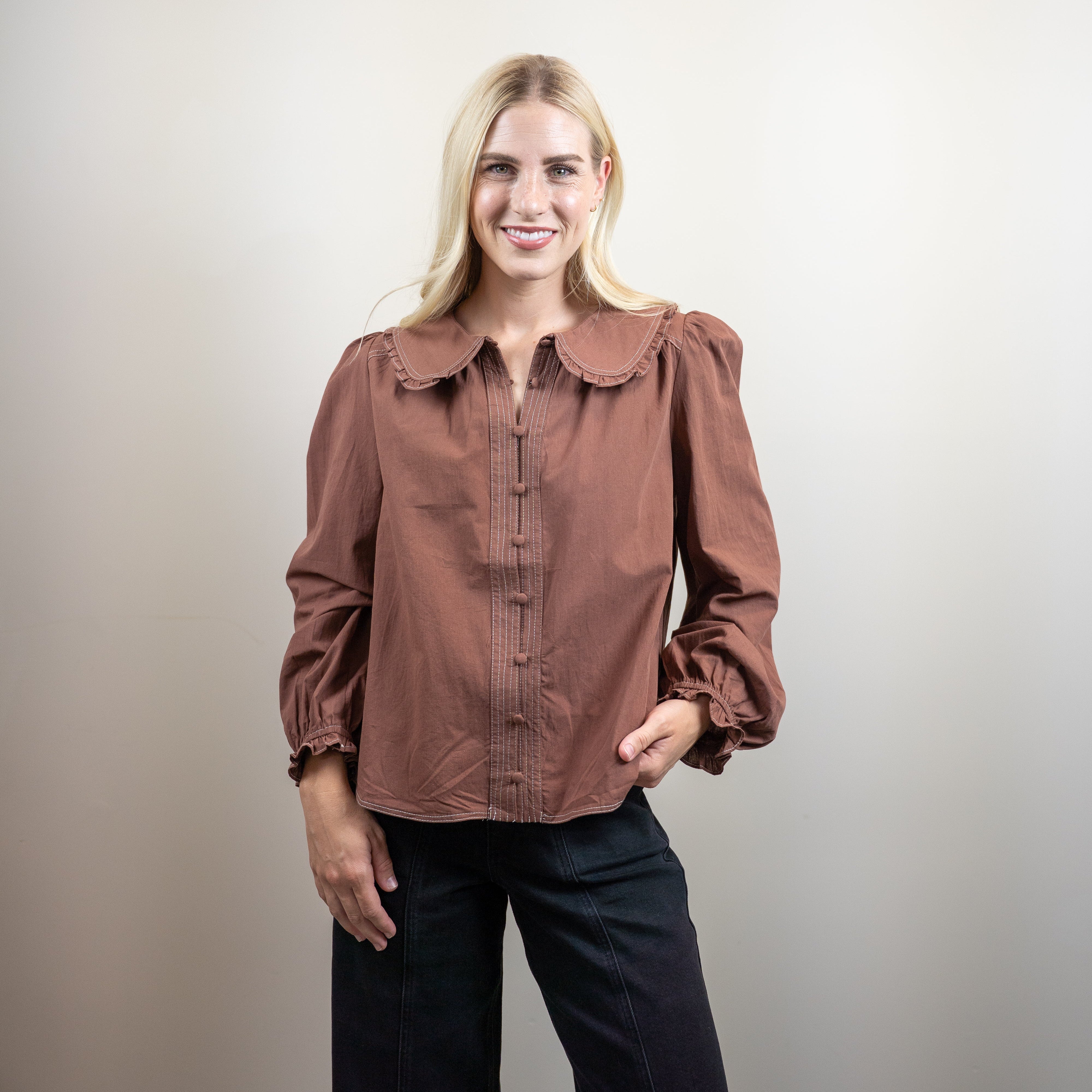 Contrast Stitch Ruffle Collar Cotton Blouse