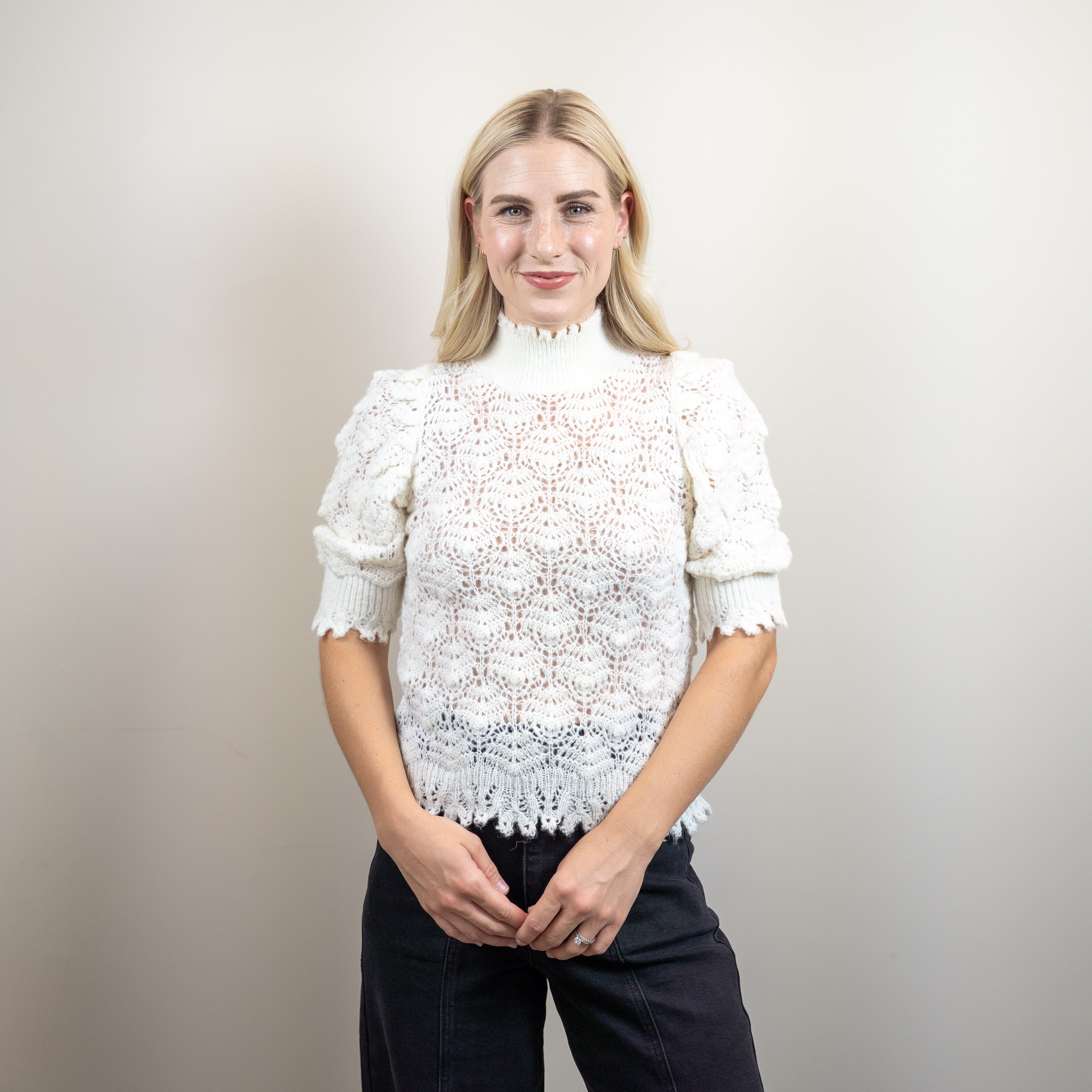 Crochet Knit Puff Sleeve Top