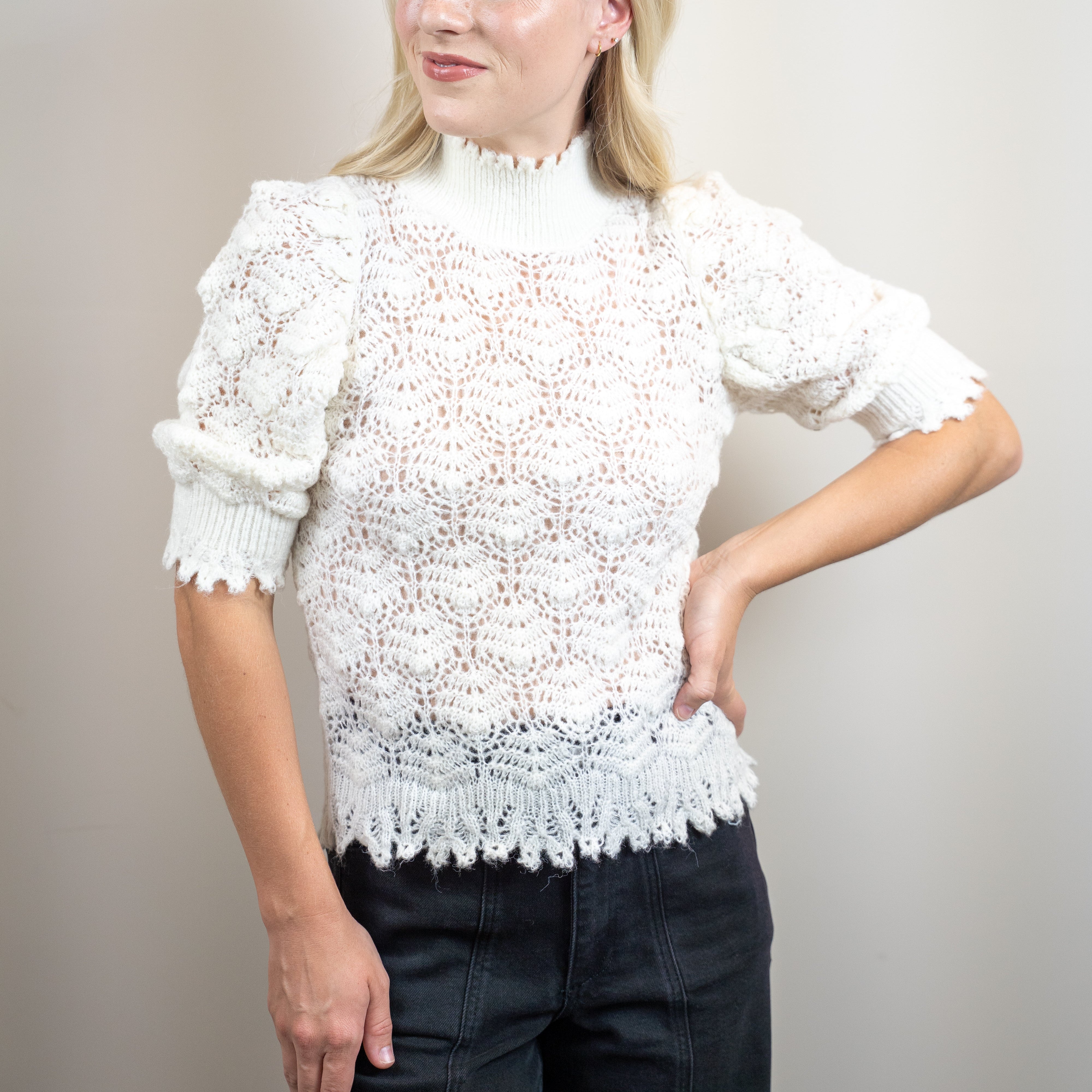 Crochet Knit Puff Sleeve Top
