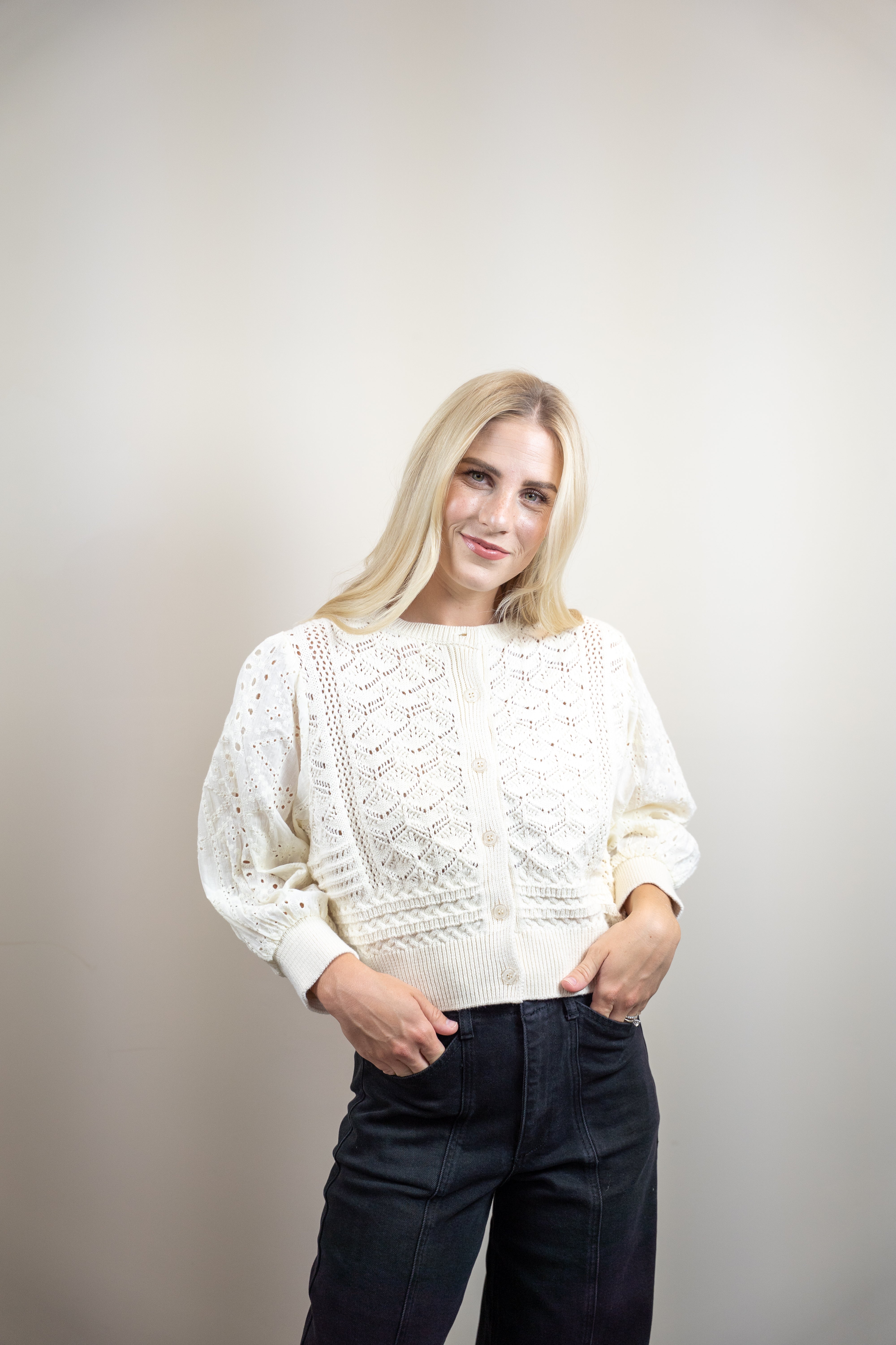 3/4 Sleeve Sheer Embroidered Cardigan