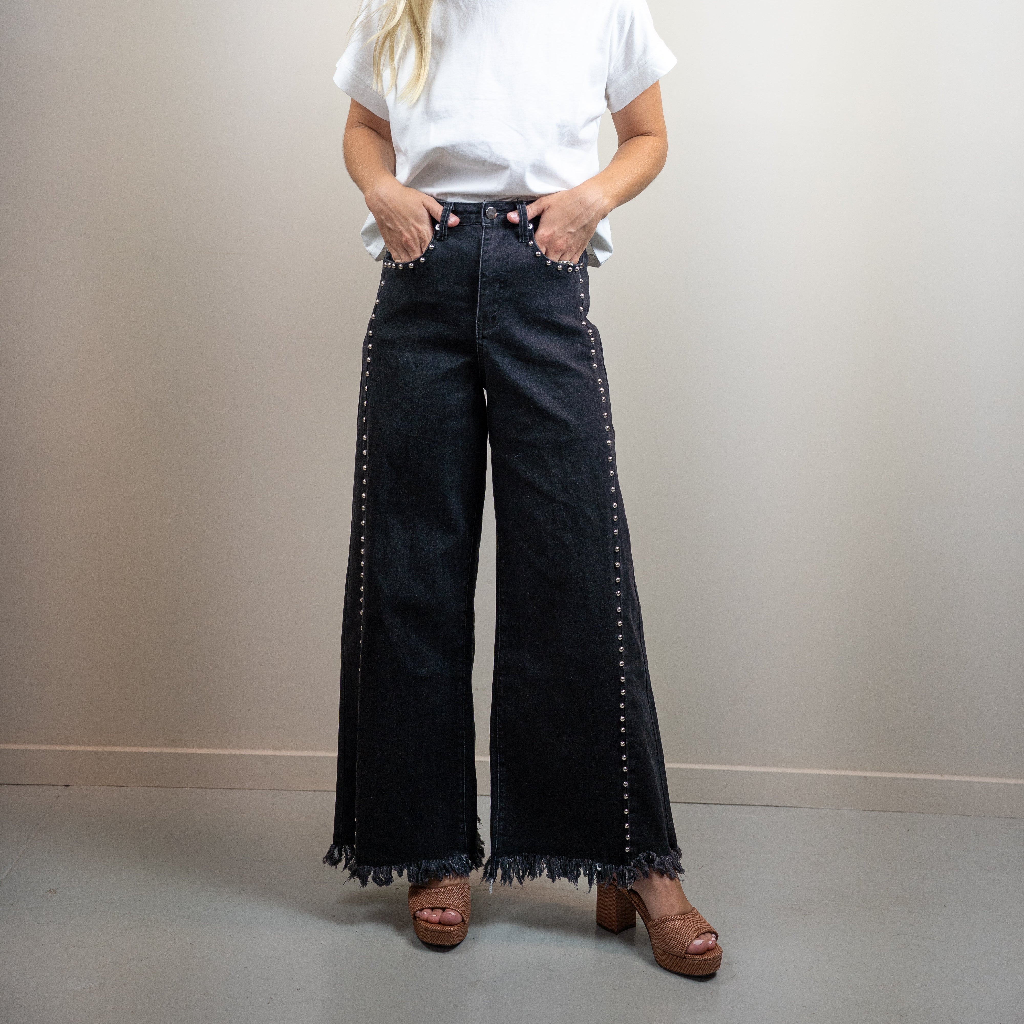 High-Waisted Black Wide-Leg Stud Denim Pants