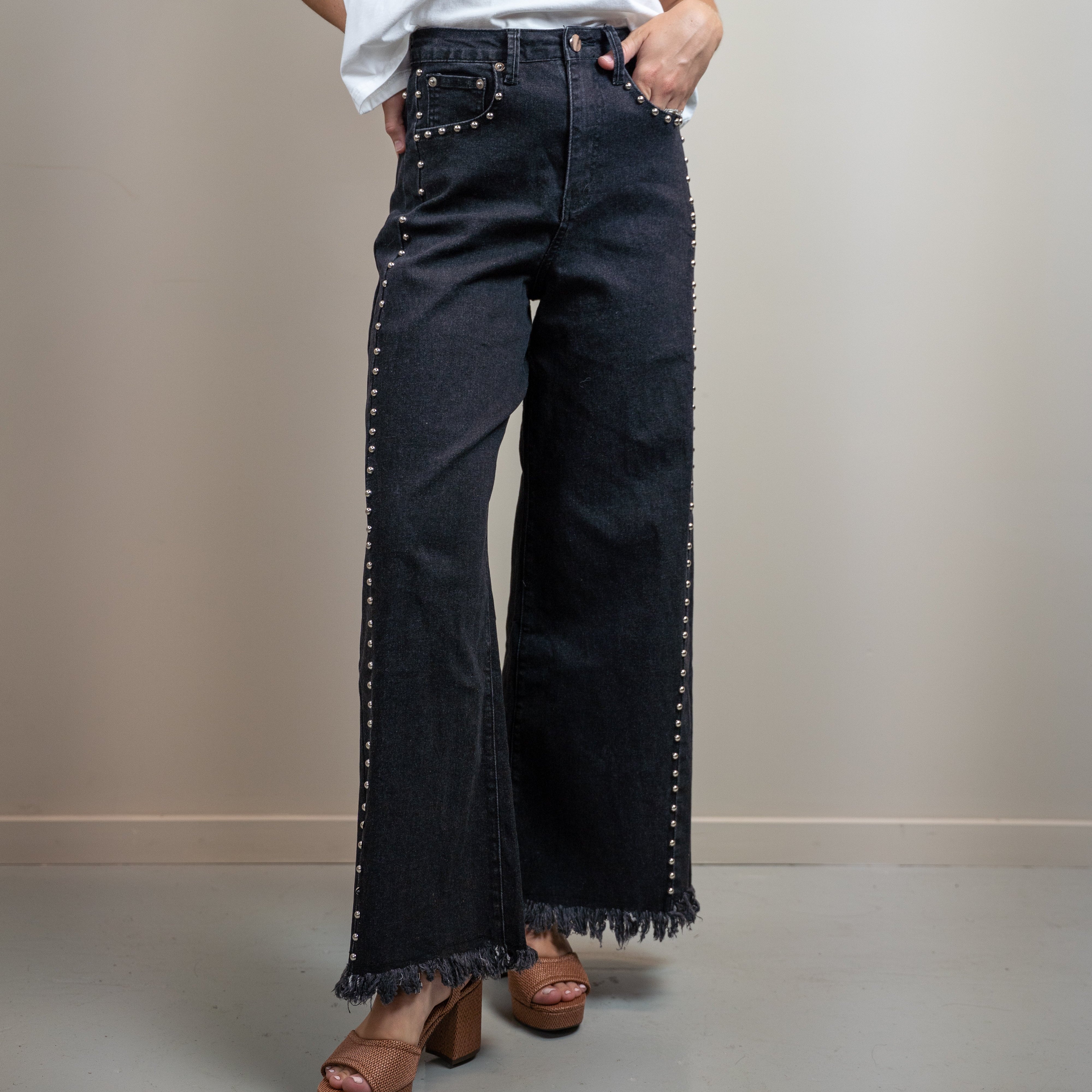 High-Waisted Black Wide-Leg Stud Denim Pants