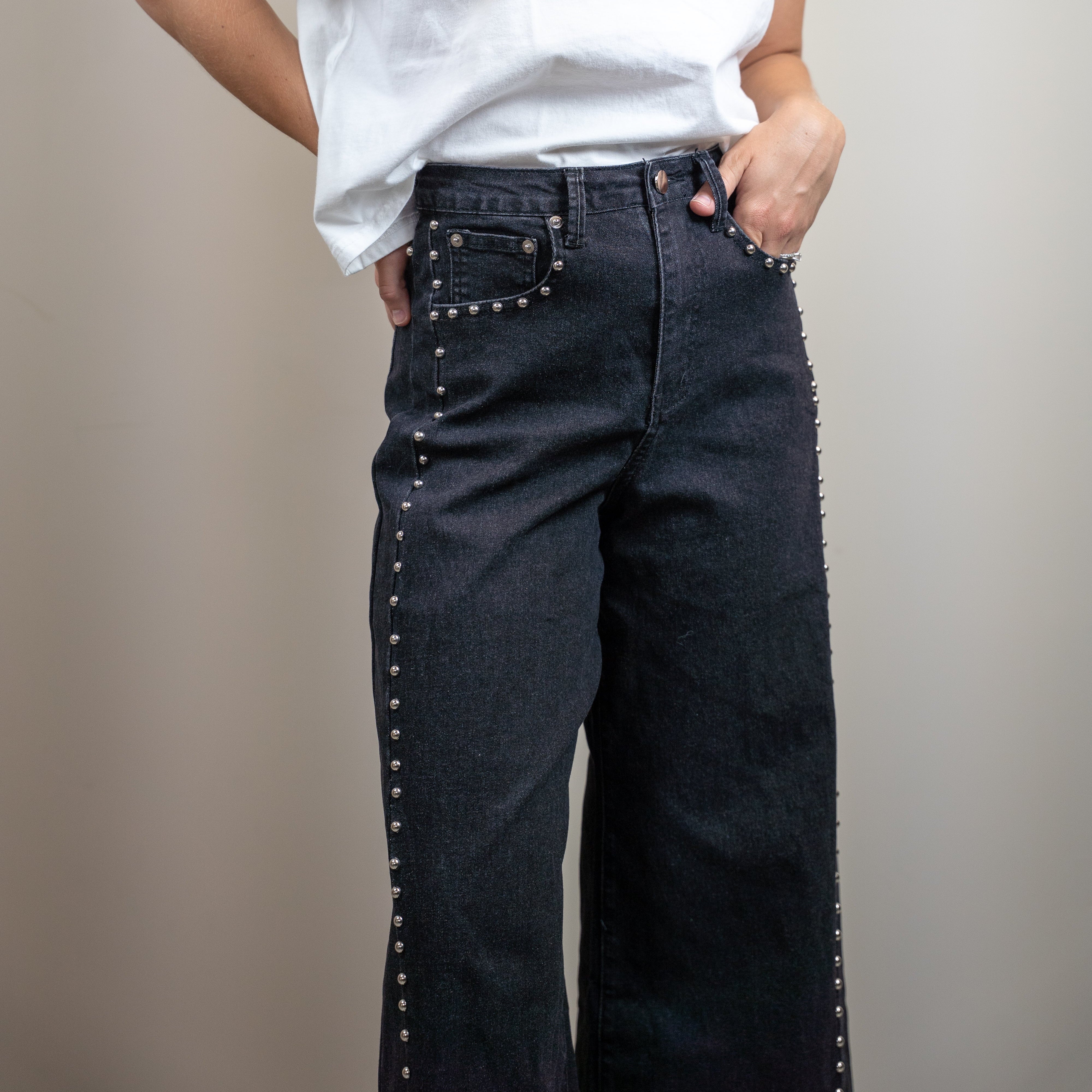 High-Waisted Black Wide-Leg Stud Denim Pants