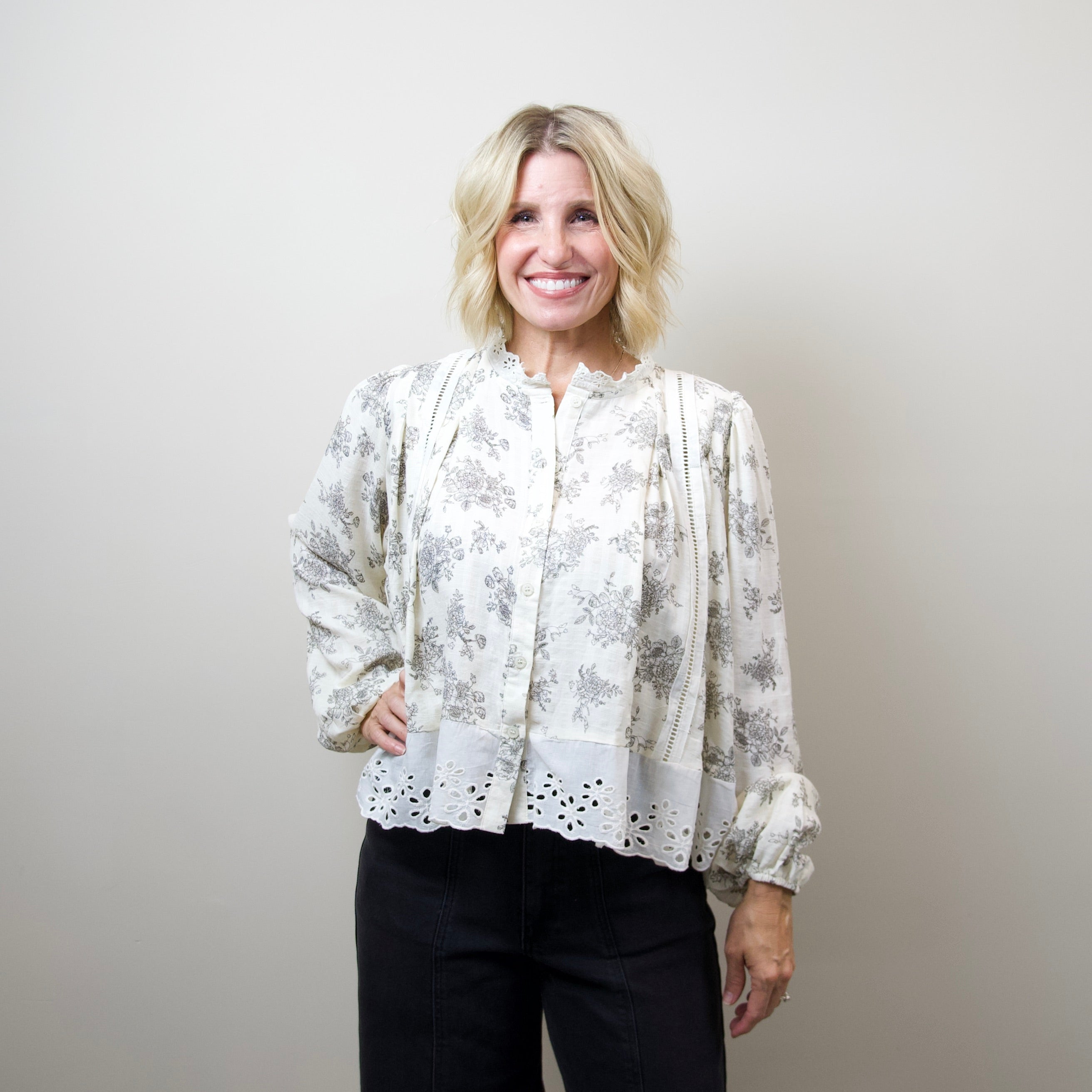 Lace-Trim Button-Down Blouse