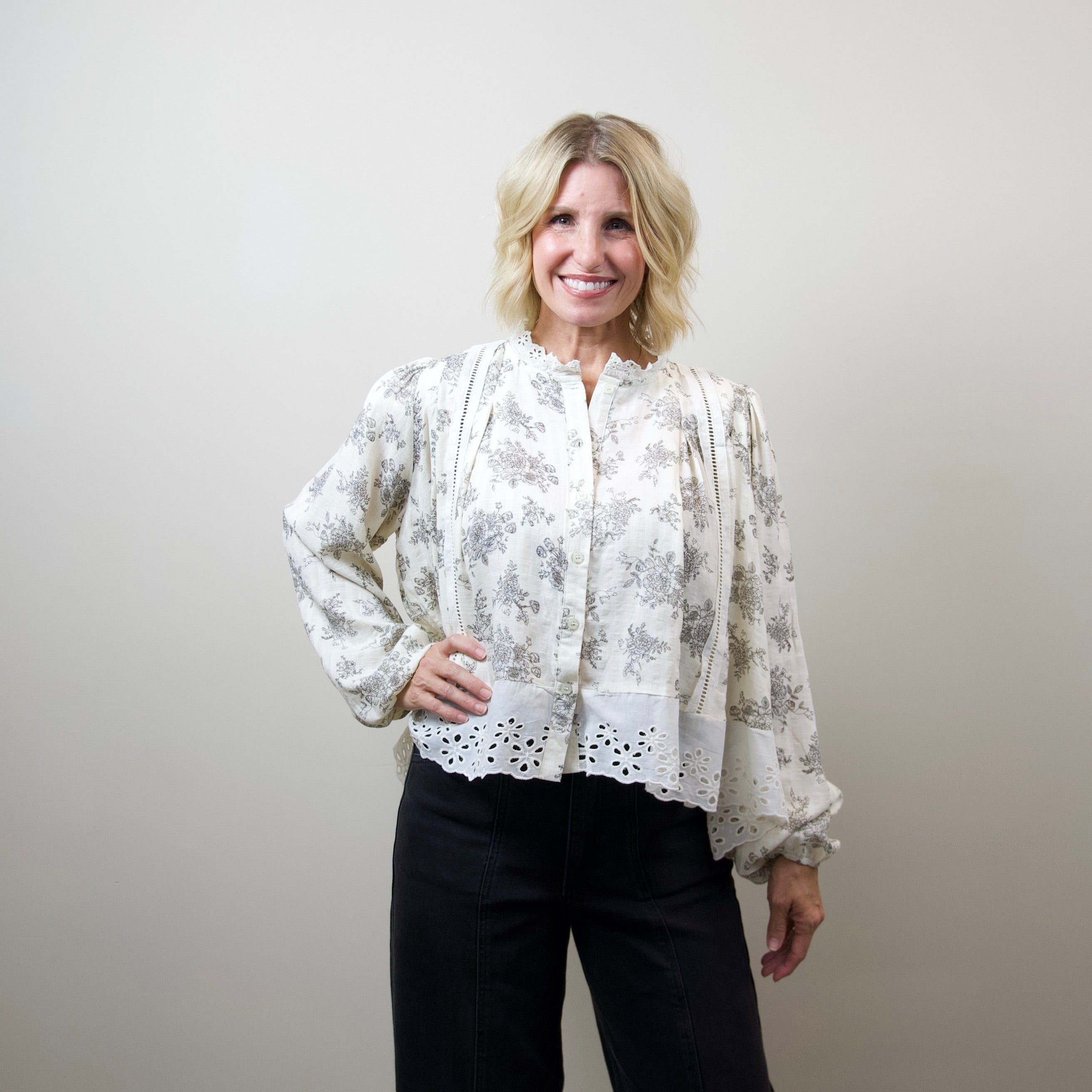 Lace-Trim Button-Down Blouse