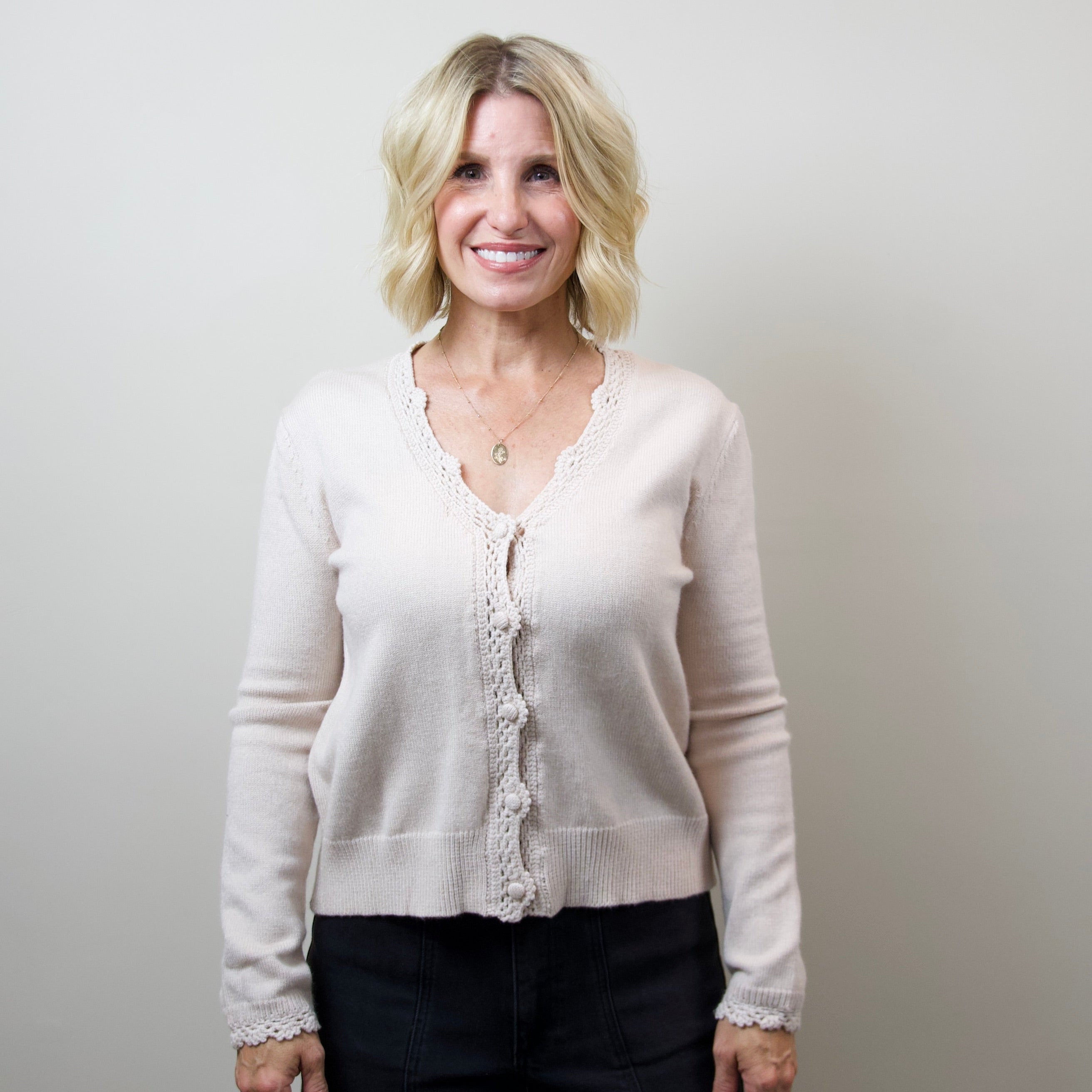 Lace-Trimmed Button-Front Cardigan