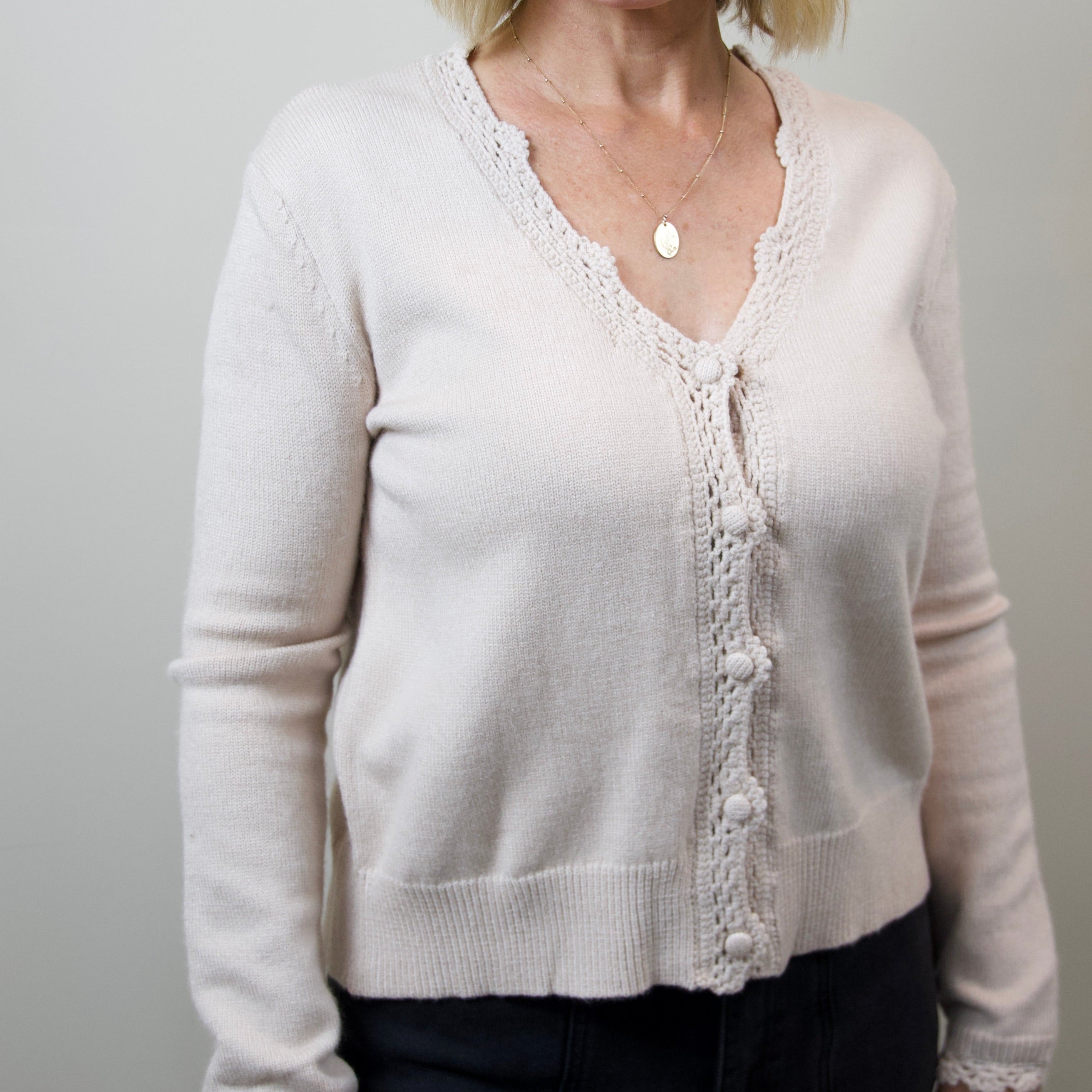 Lace-Trimmed Button-Front Cardigan
