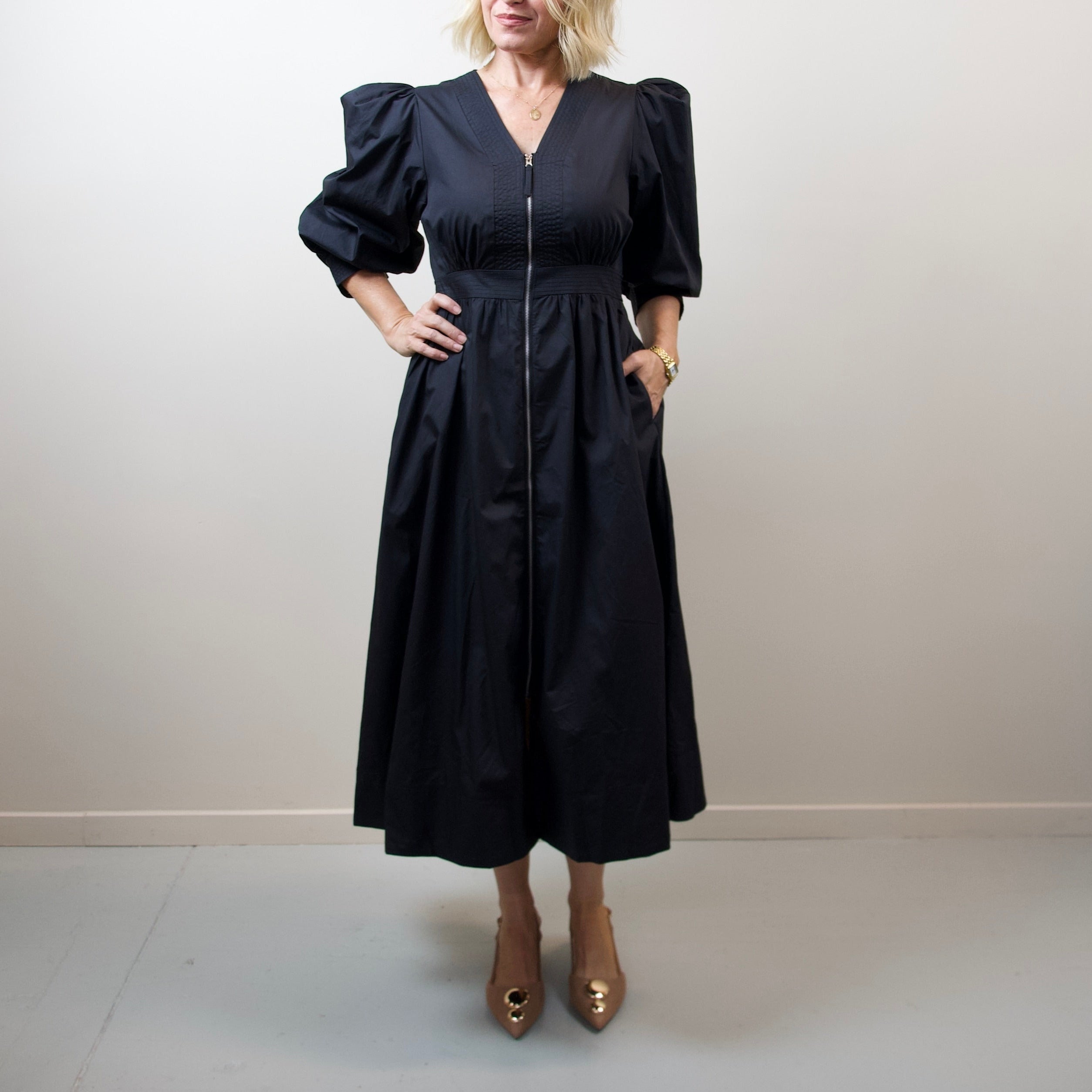 Puff-Sleeve Zipper-Front Midi Dress