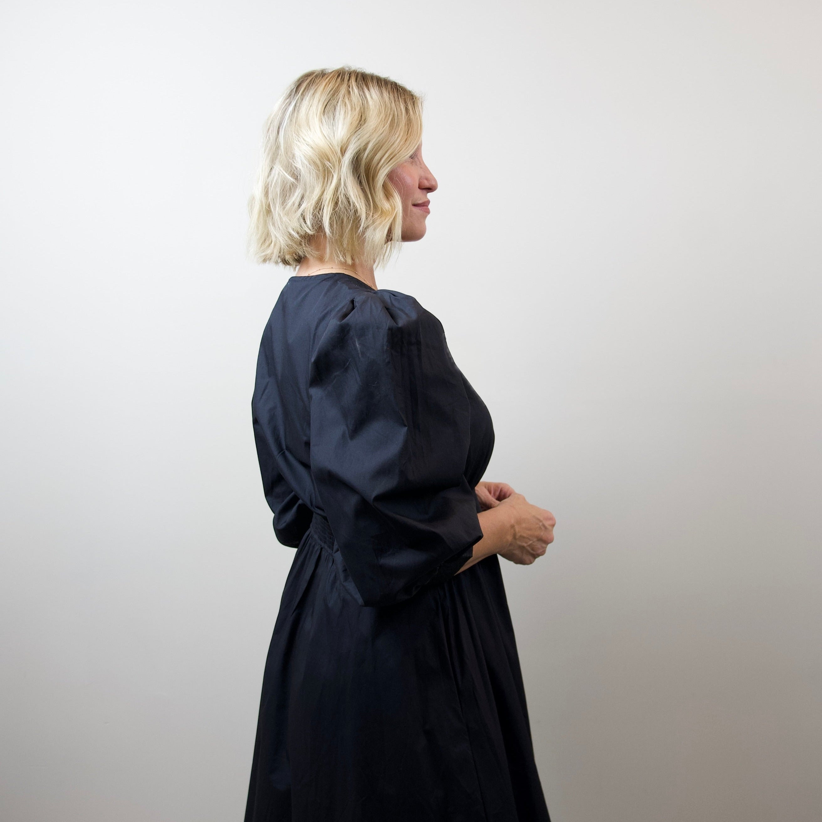 Puff-Sleeve Zipper-Front Midi Dress