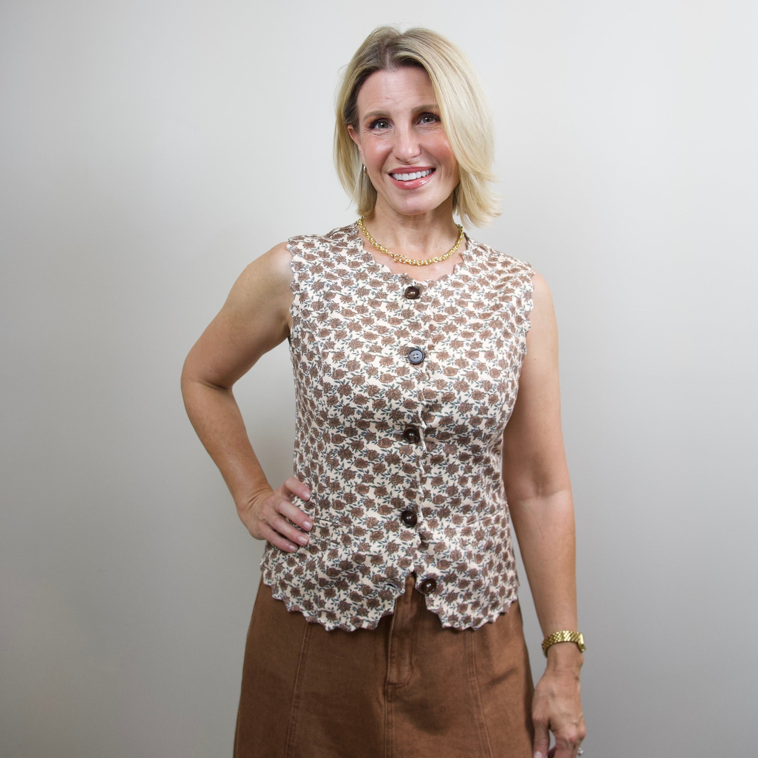 Floral Print Scallop Edge Button Down Vest