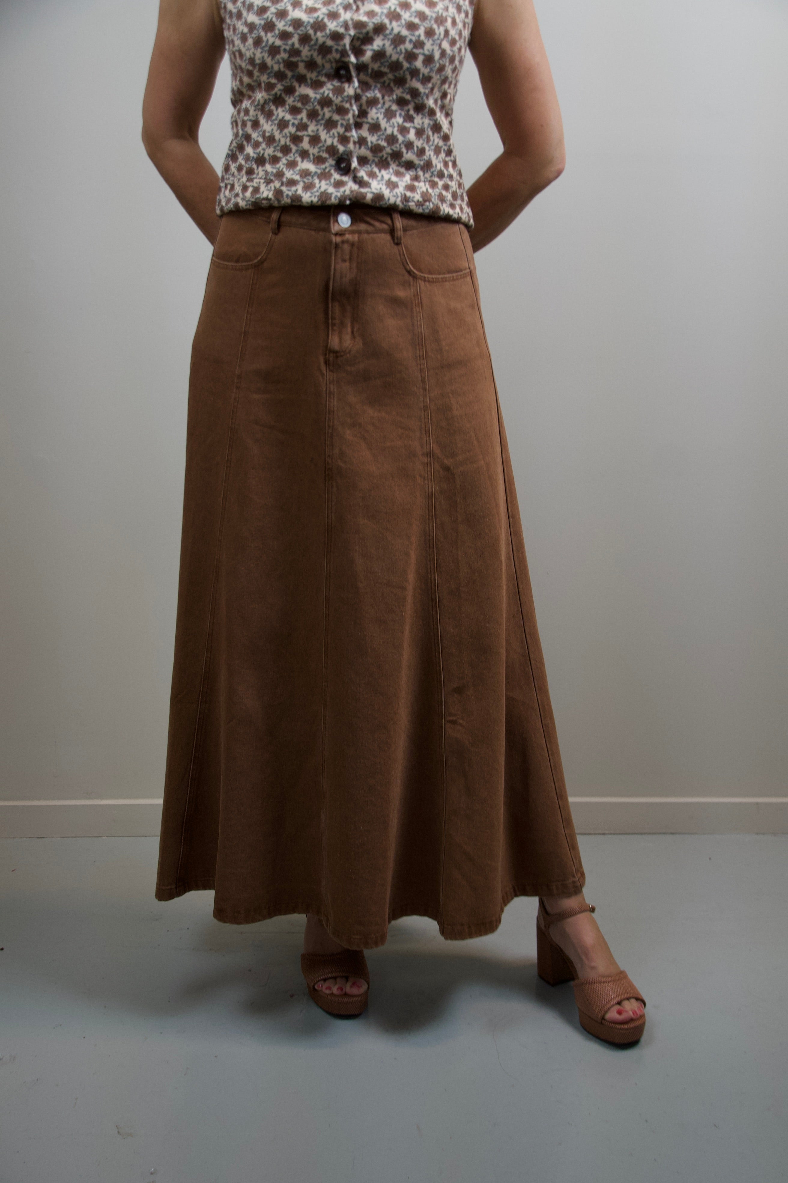 Pleated Brown Denim Maxi Skirt