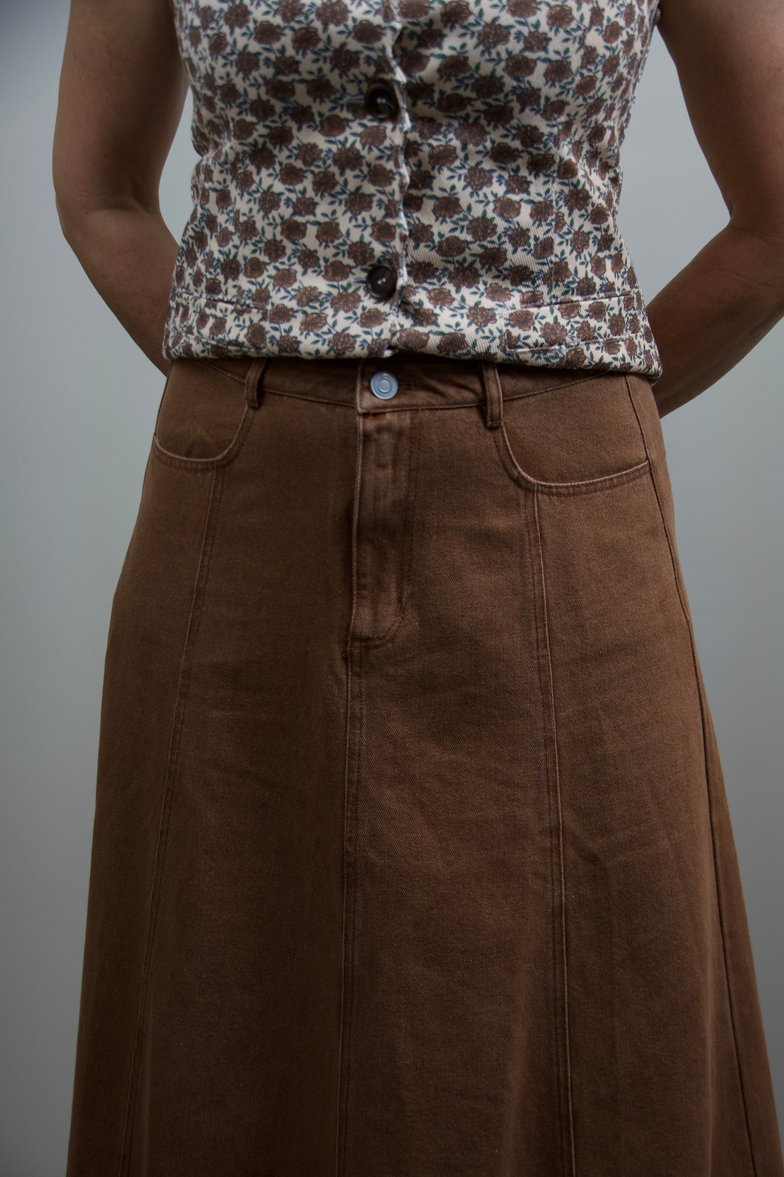 Pleated Brown Denim Maxi Skirt