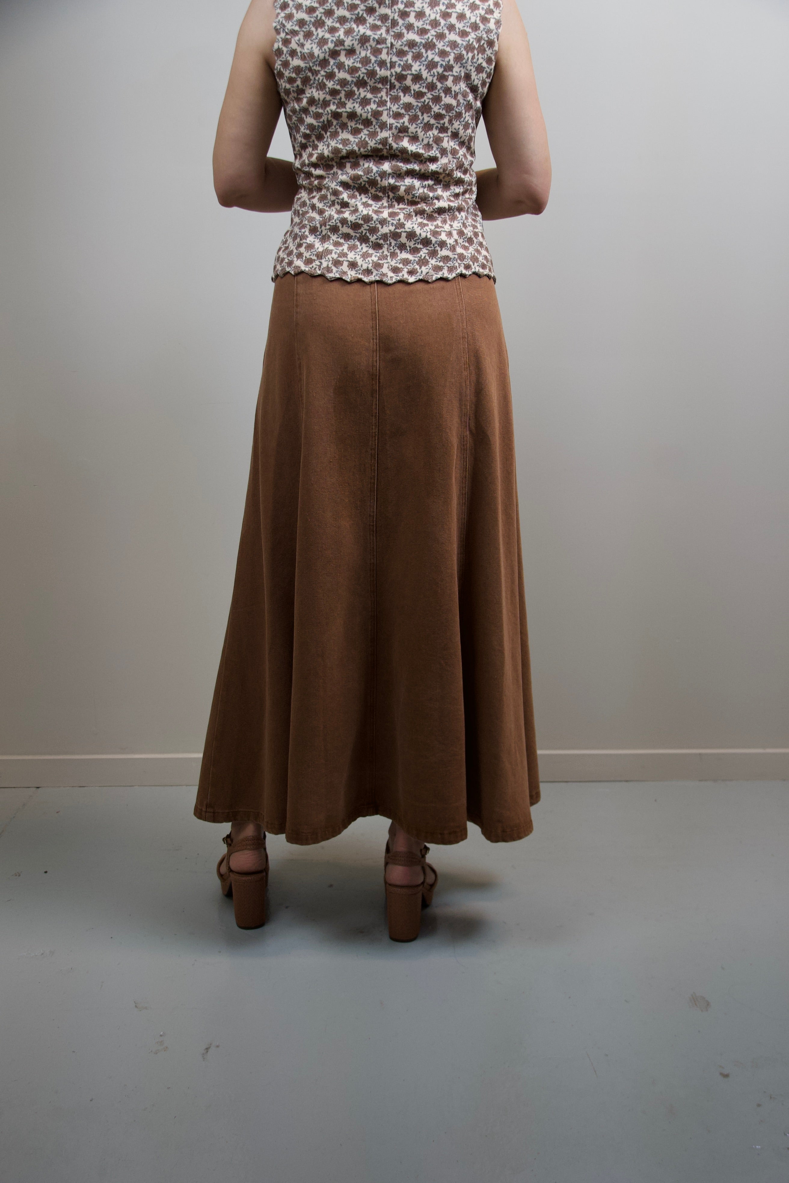 Pleated Brown Denim Maxi Skirt
