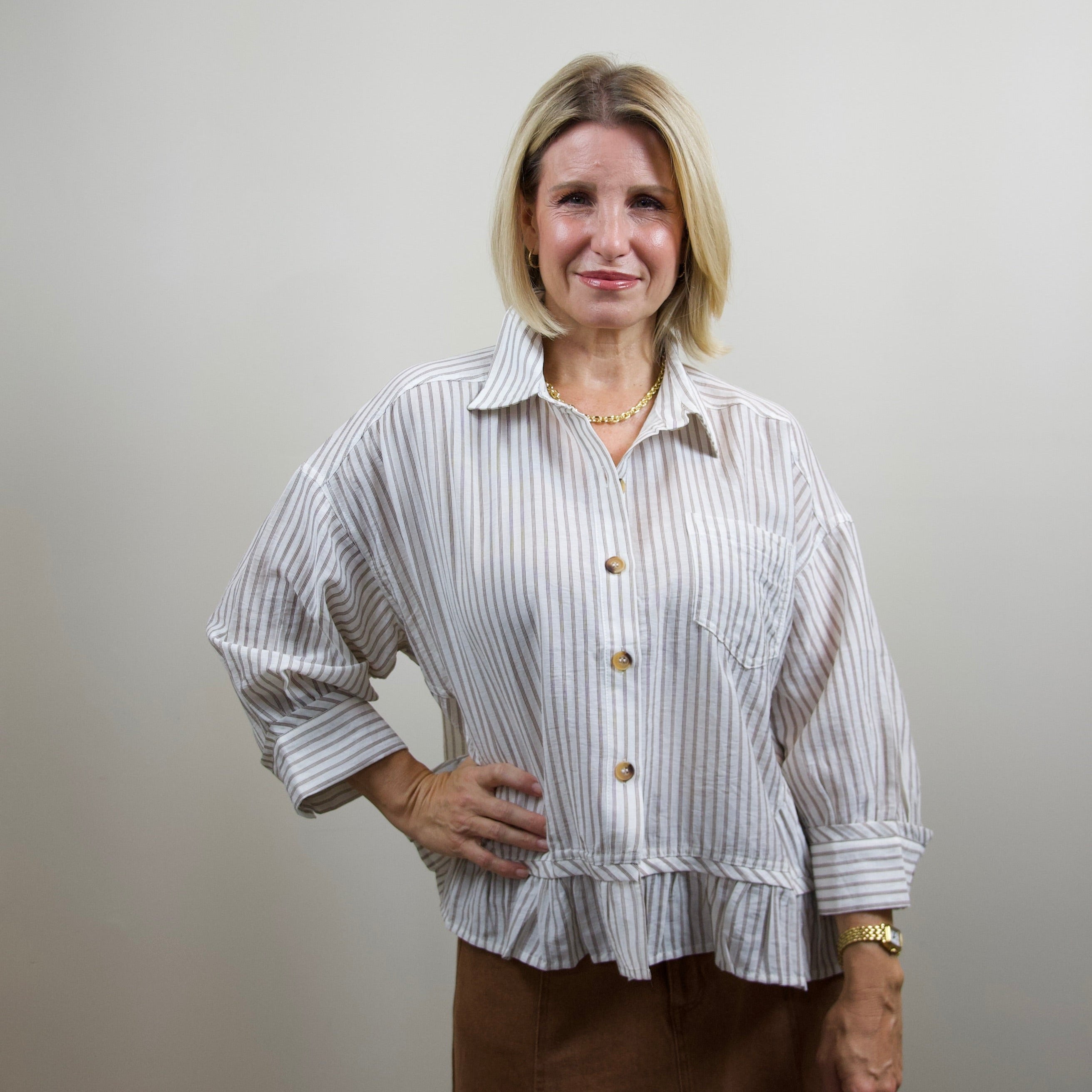 Striped Cropped Button-Up Shirt