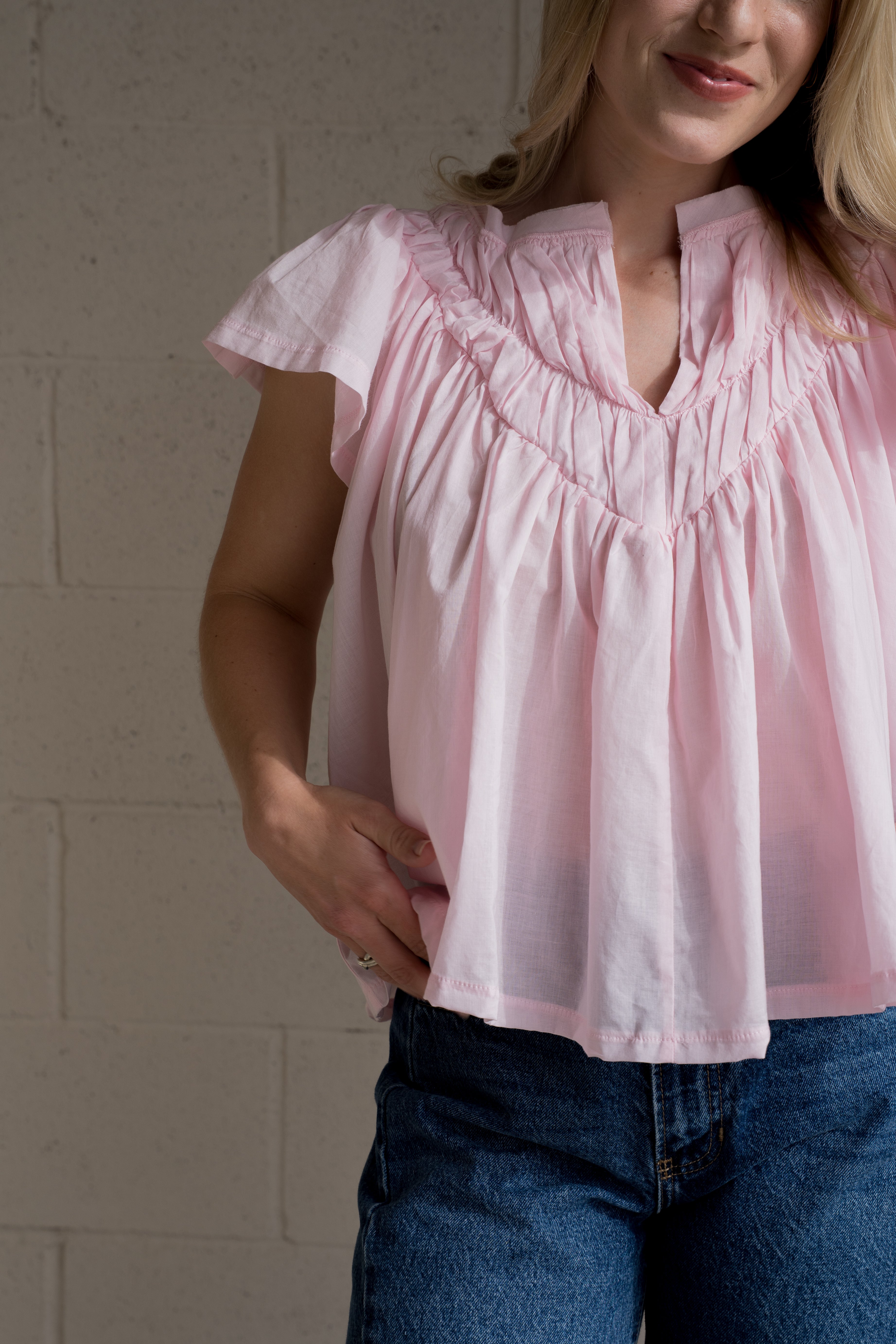 Pink Flutter Sleeve Gathered Blouse