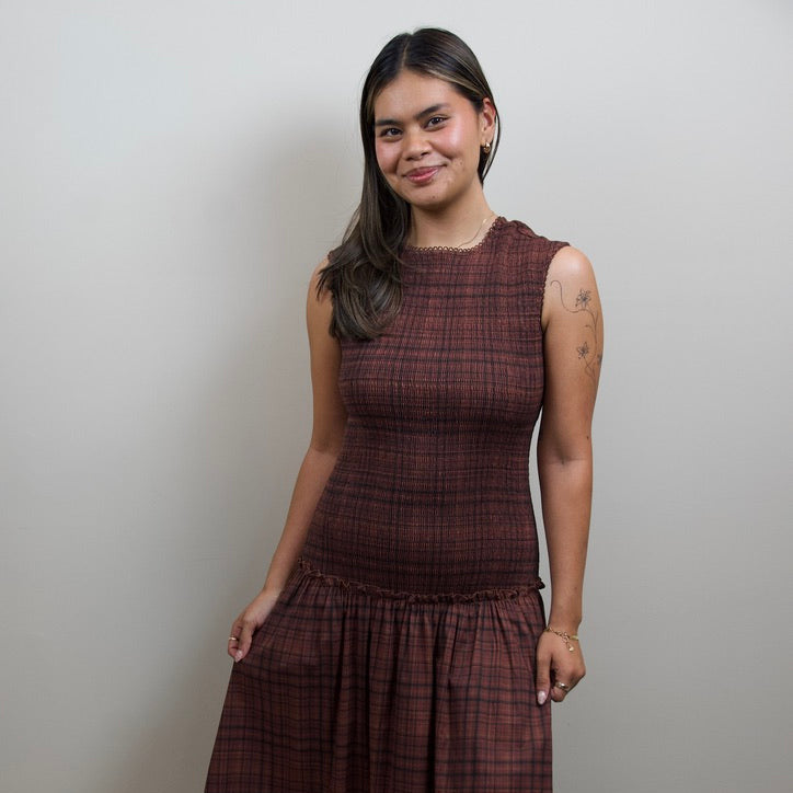 Smocked Bodice Sleeveless Plaid Midi Dress