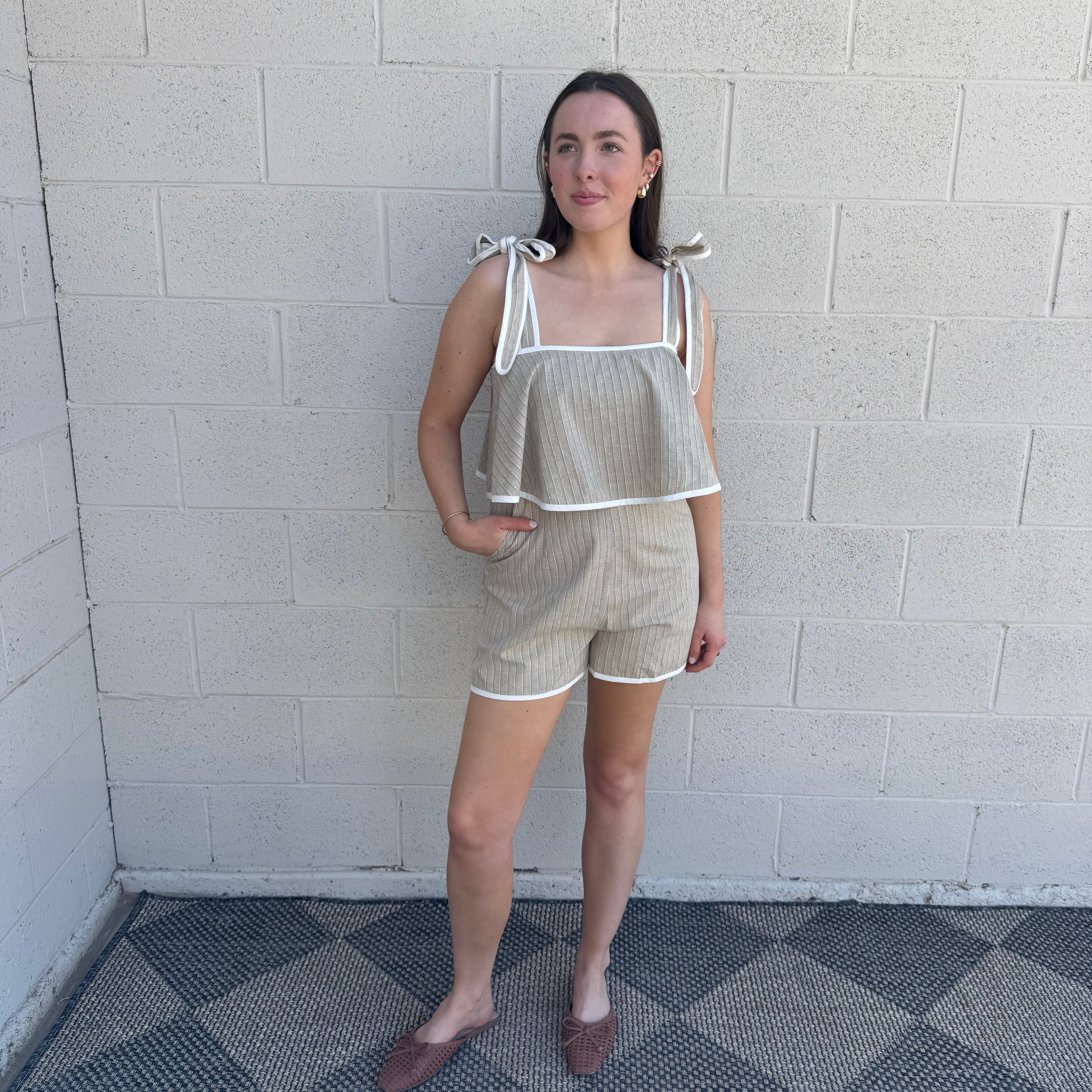Taupe Striped Tie Romper